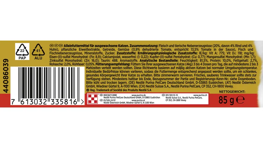 PURINA GOURMET Gold Délicatesse en Sauce mit Rind & Huhn in einer Sauce mit Tomaten 85 g
