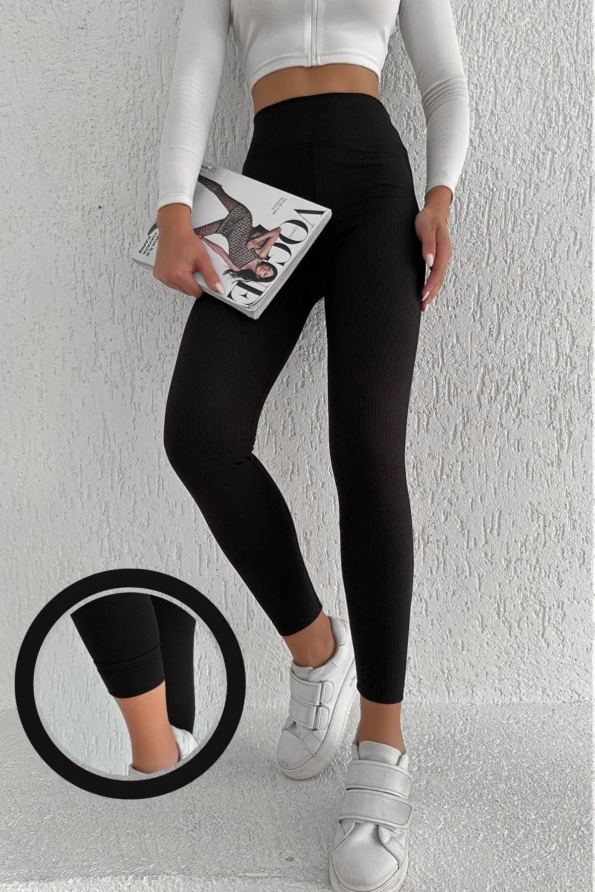BEJNA  Gerippte Damen-Strumpfhose aus schwarzem Fleece mit hoher Taille