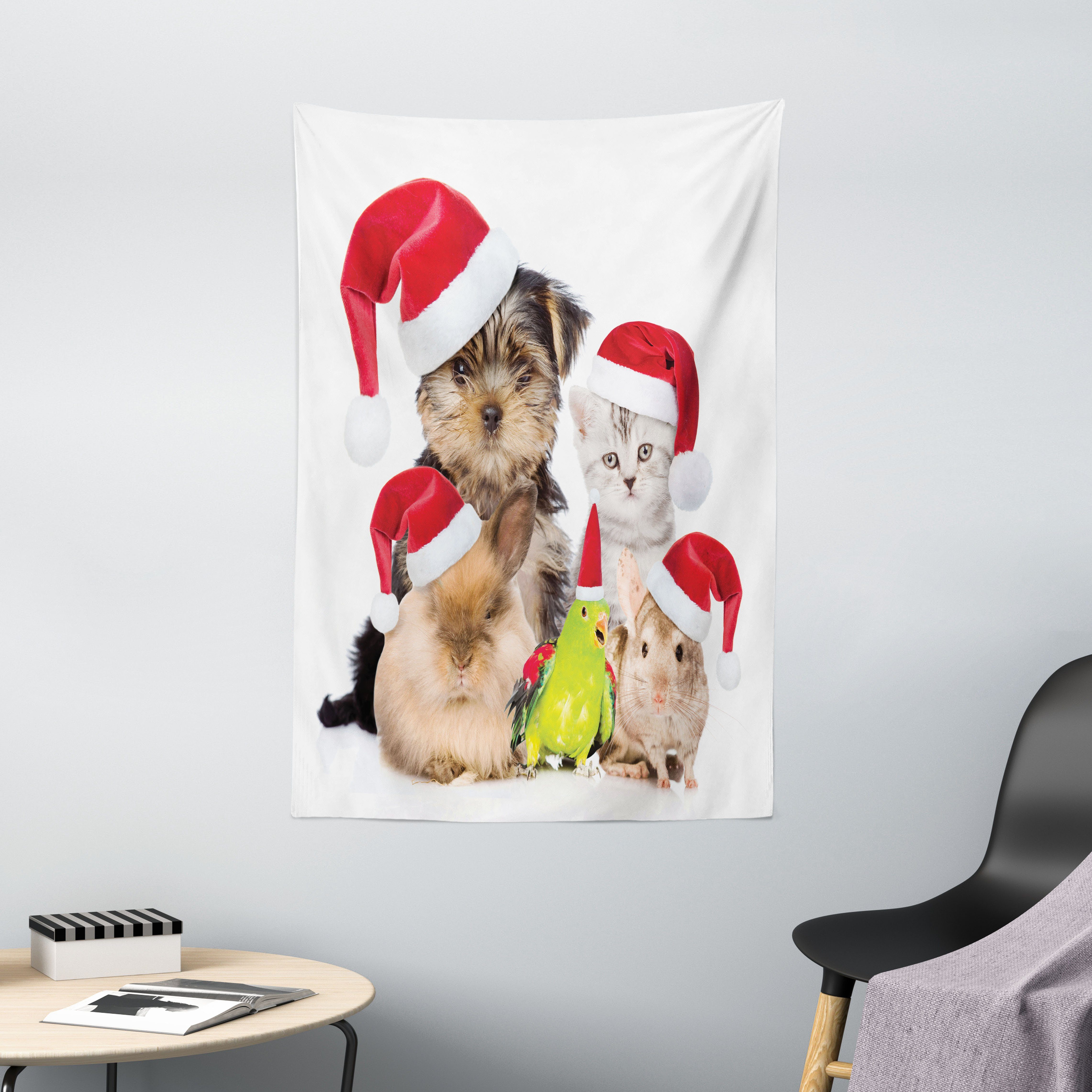 Wandteppich Wohnzimmer Schlafzimmer Wandtuch Seidiges Satin Wandteppich, Abakuhaus, rechteckig, Tiere Weihnachtsthema Haustiere