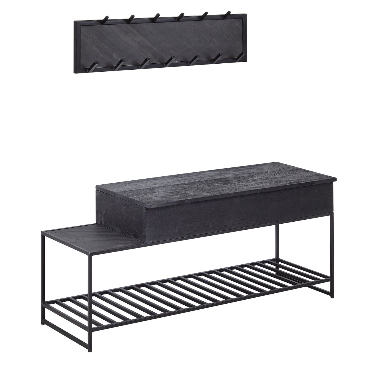 Skyport WOHNLING Garderoben Set Schwarz Holz Massiv Wandgarderobe Sitzbank Flurgarderobe