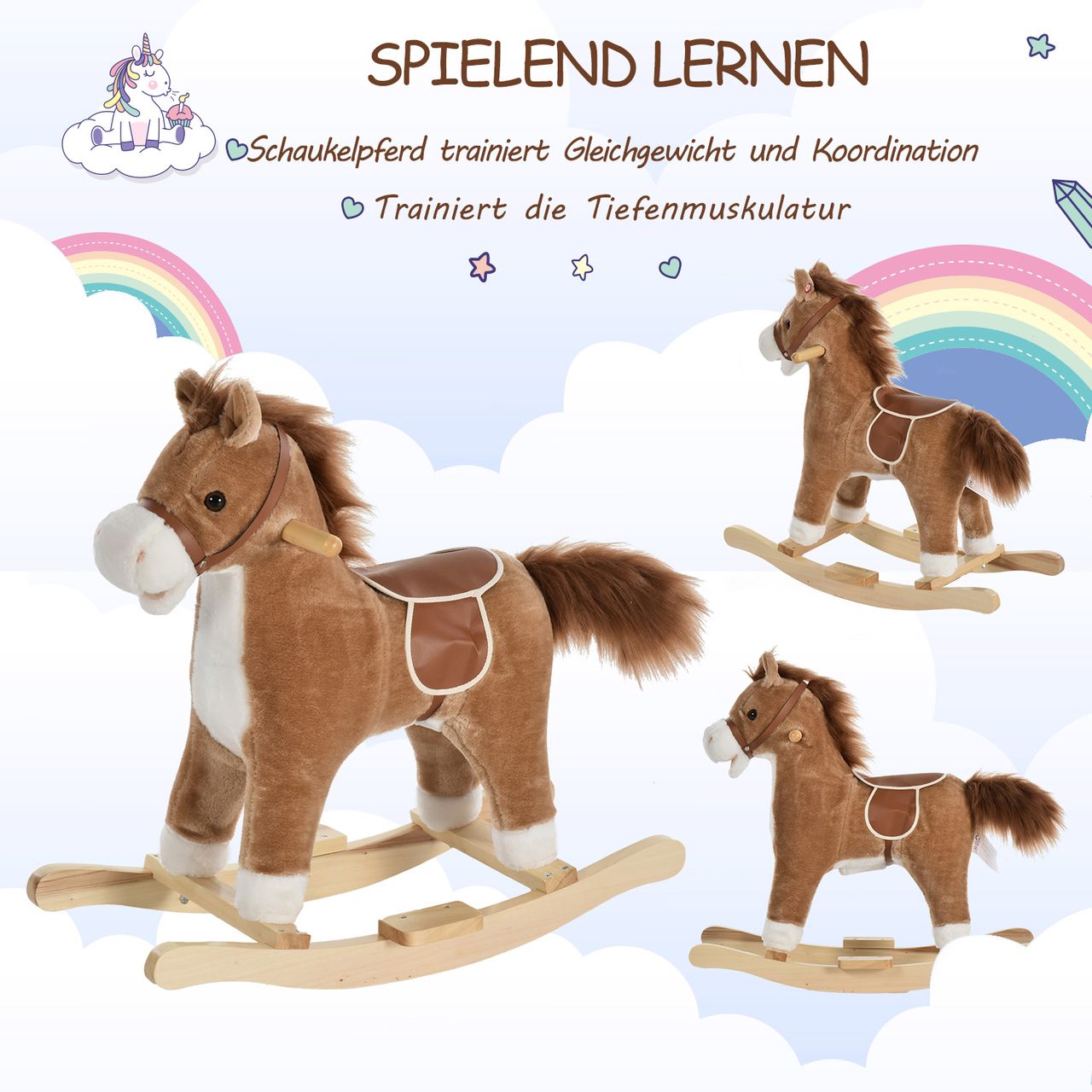 HOMCOM Kinder Schaukelpferd Baby Schaukeltier Pferd für 36-72 Monate Braun