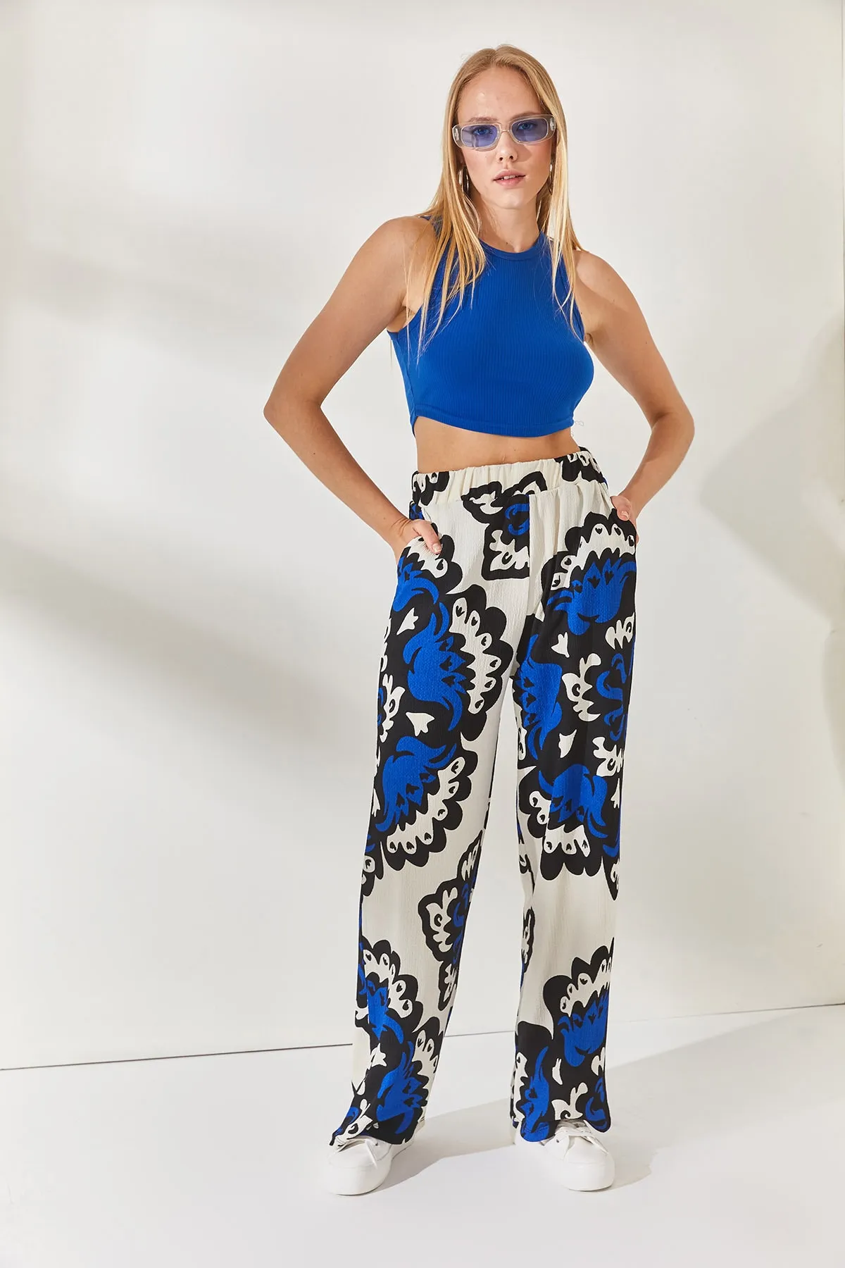 Olalook  Saks Blue Stone Palazzo-Hose mit elastischem Bund und Taschenmuster, PNT-19000225