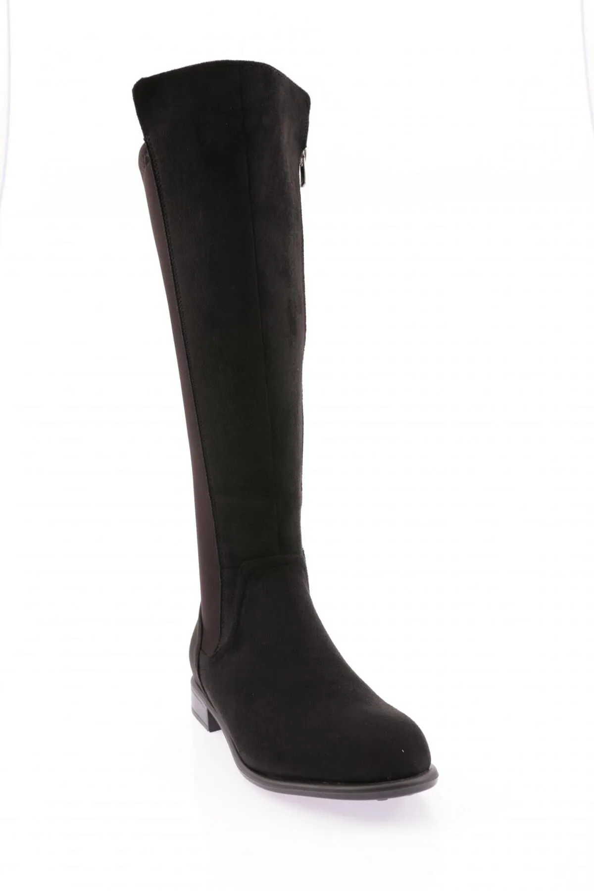 DGN  Modell 501 für Damen – Kniehohe Stiefel aus schwarzem Wildleder mit Stretch-Bogen und seitlichem Reißverschluss