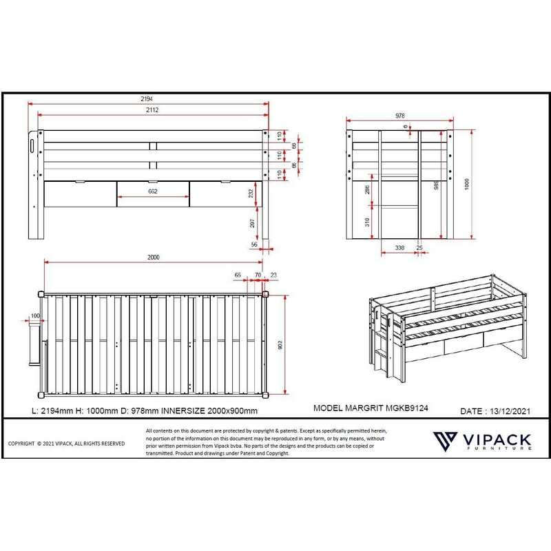 Lit mi-hauteur 90x200cm Margrit