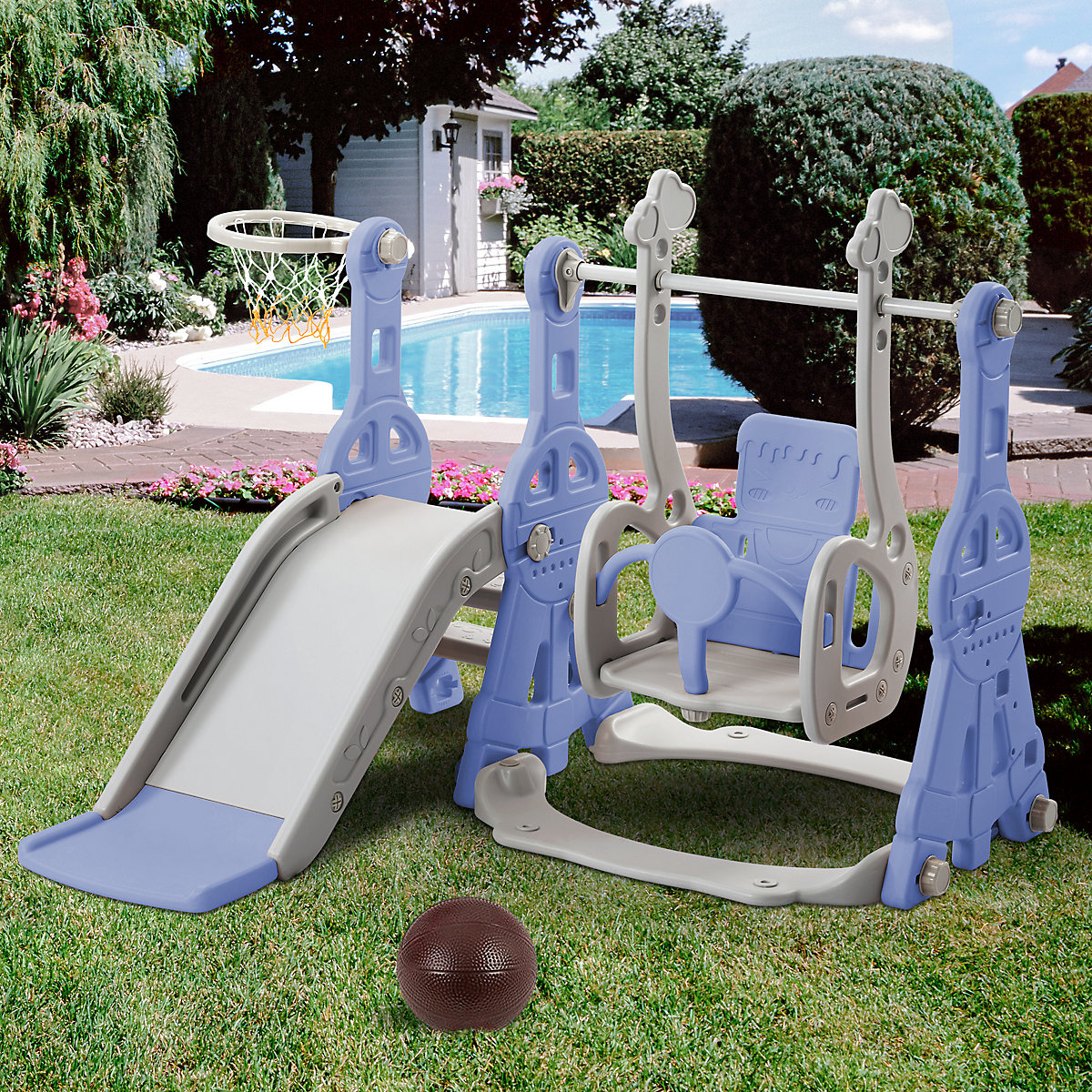 Rutsche 3 in 1 Kinderrutsche Spielplatz mit Schaukeln, Basketballkorb