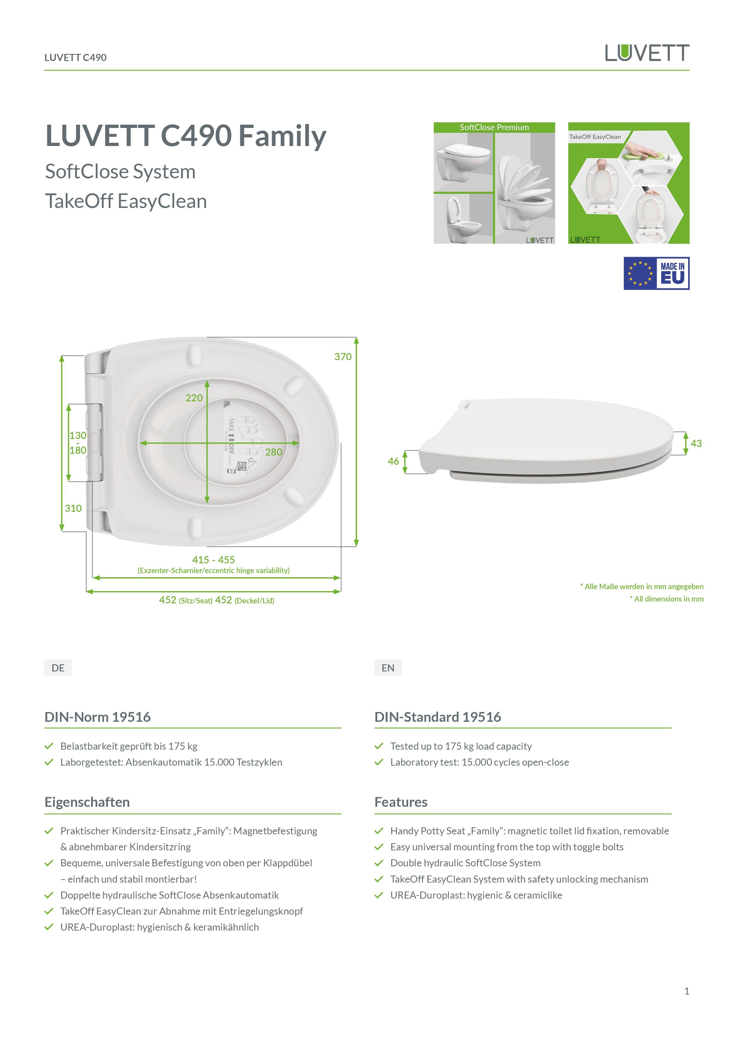 LUVETT Kinder-WC-Sitz Familie C490 (Komplett-Set, Kindersitz-Einlage), mit Original SoftClose® Absenkautomatik, Duroplast