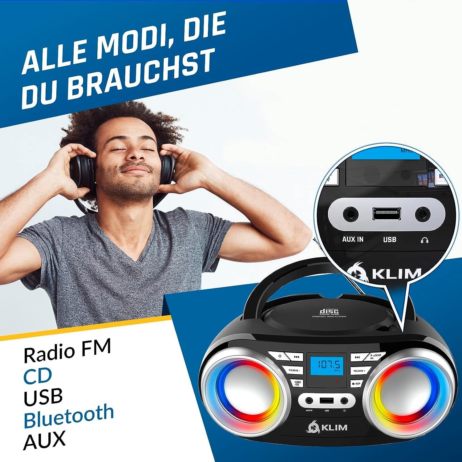 KLIM Boombox B3 Stereo-CD Player (Tragbarer CD Player, FM Radio, MP3, kabelloser Betrieb mit wiederaufladbaren Akku, Digitaler EQ)