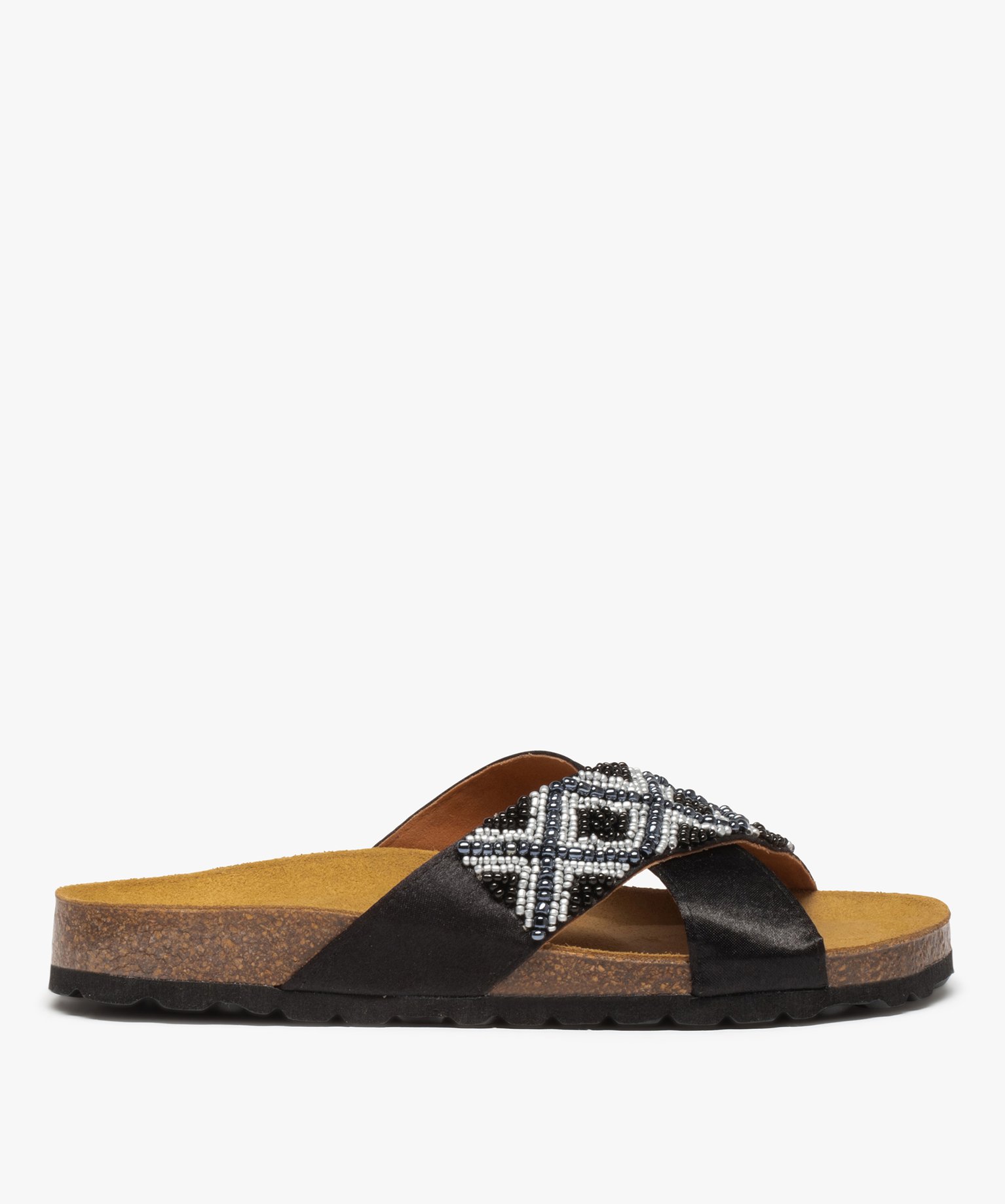 Mules femme avec brides croisées et perles de rocaille noir | GEMO