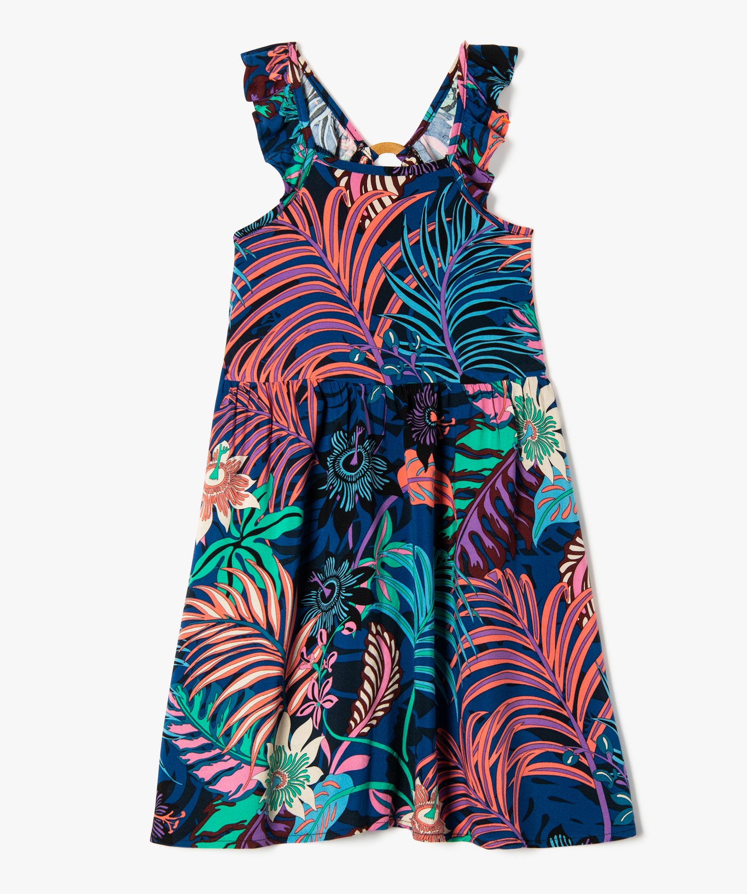 Robe trapèze à bretelles volantées imprimé fleuri fille bleu | GEMO
