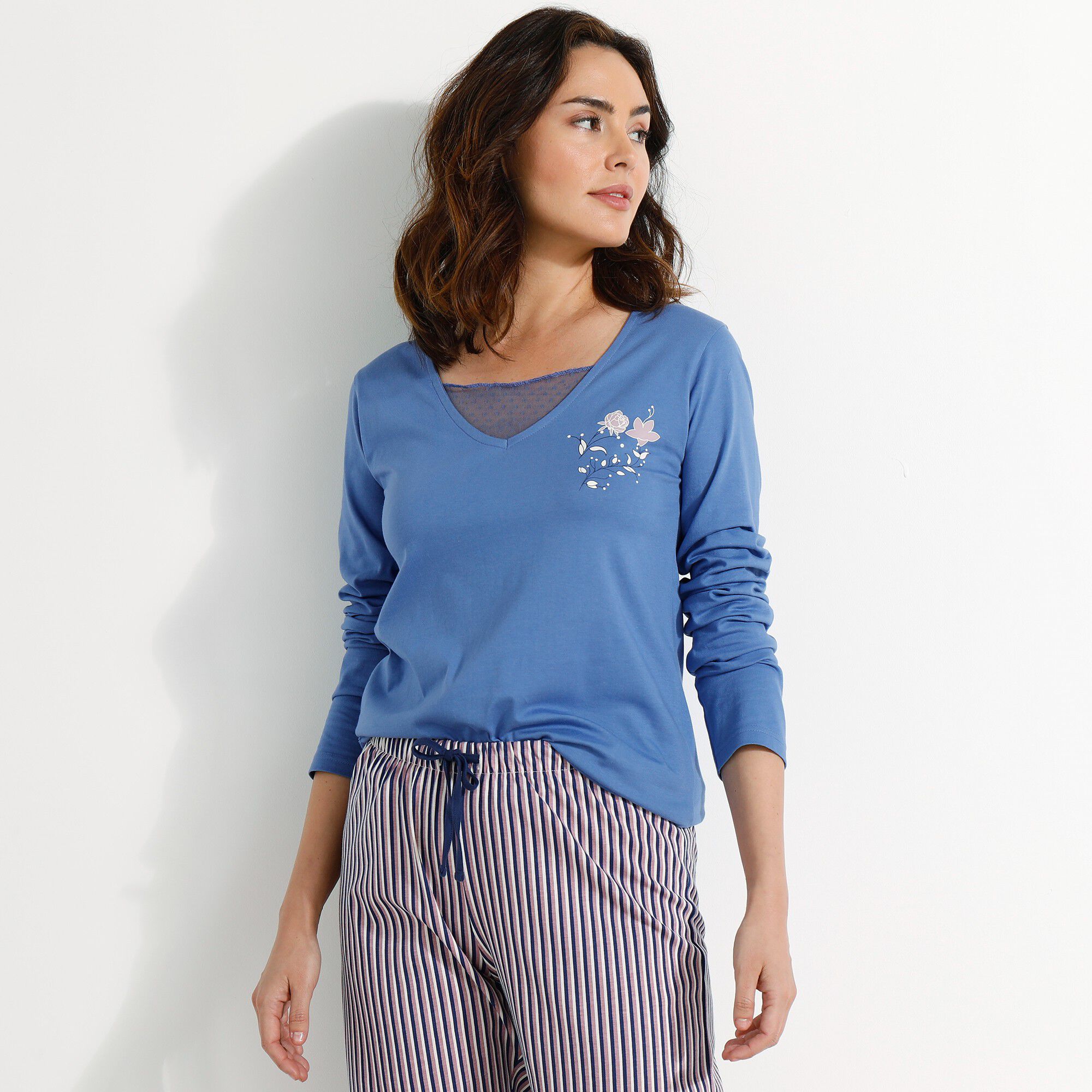 Pantalon pyjama coton imprimé rayures