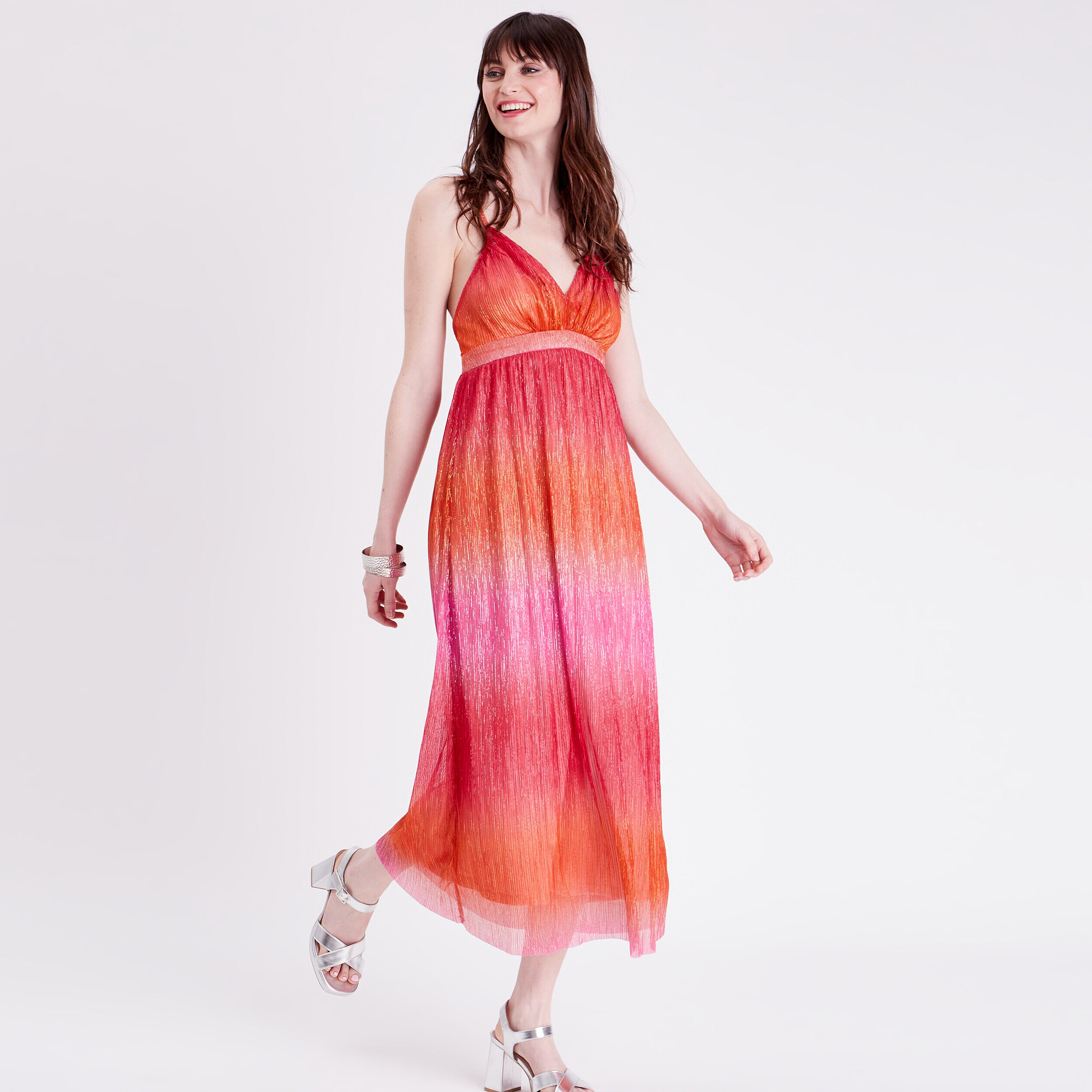 Robe longue évasée dos ouvert rose femme | Cache Cache