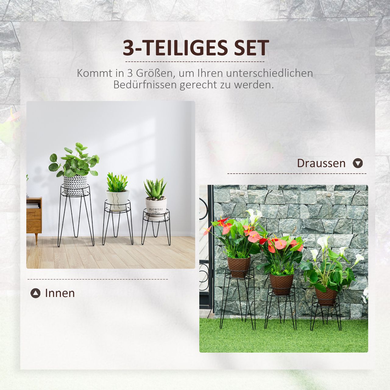 Outsunny Blumenständer 3er Set Pflanzenständer für Blumentopf bis Ø16 cm