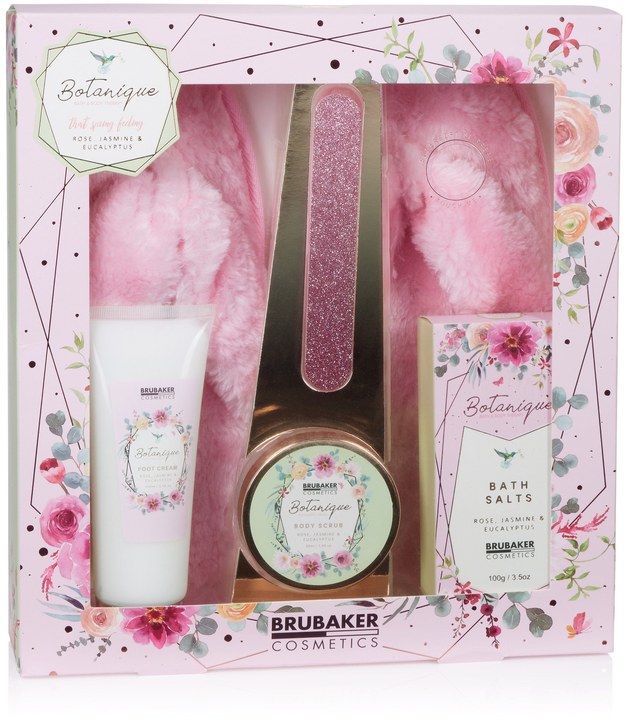 BRUBAKER Körperpflege-Set Bade- und Dusch Set, 6-tlg., Geschenkset mit rosa Plüsch Slipper, Rosen Jasmin Eukalyptus Duft