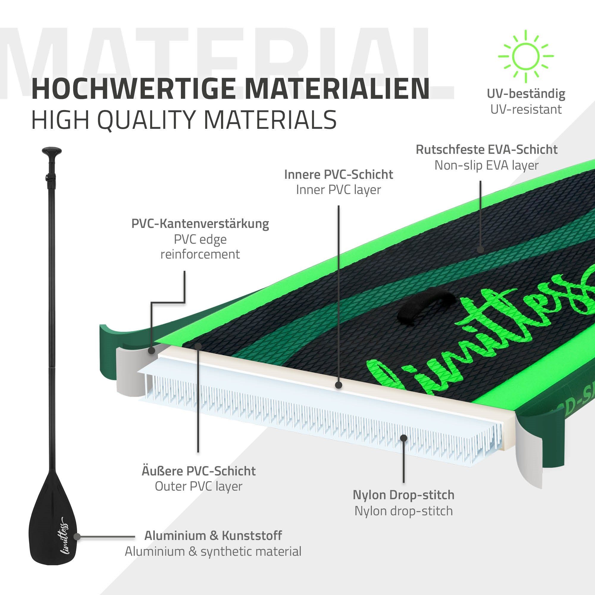 ECD Germany SUP-Board Aufblasbares Stand Up Paddle Board Limitless Surfboard, Grün 308x76x10cm PVC bis 120kg Pumpe Tragetasche Zubehör