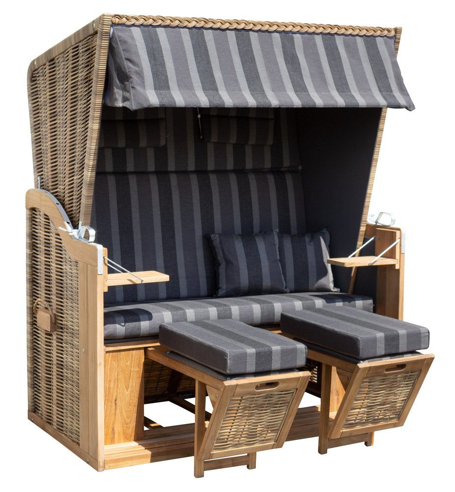 Trendyshop365 Strandkorb extra breit, BxTxH: 140,00x80,00x160,00 cm, Halblieger, Ostsee-Modell, (XL 2-Sitzer), Teakholz, komplett fertig montiert, mit 4 Rollen