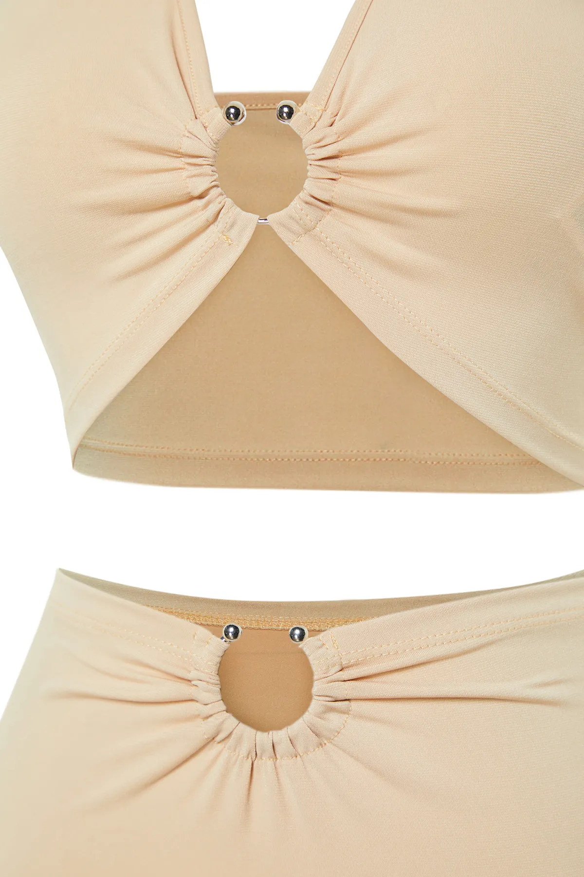 Trendyol Collection  Beigefarbenes, tailliertes Strickblusenrock-Set mit Accessoires TBESS23AU00084
