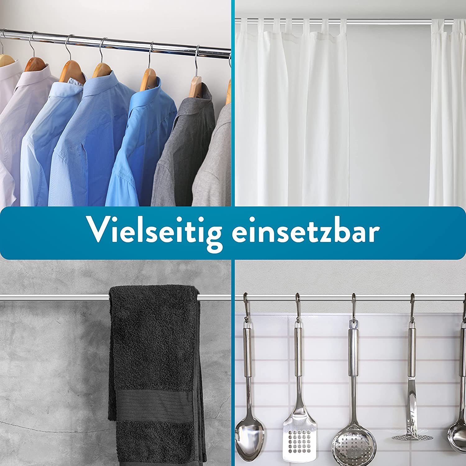 Duschvorhangstange ohne bohren verstellbar 125-220 cm, Benkstein, geklemmt, Passt in jedes Badezimmer - inkl. 12 Duschringe