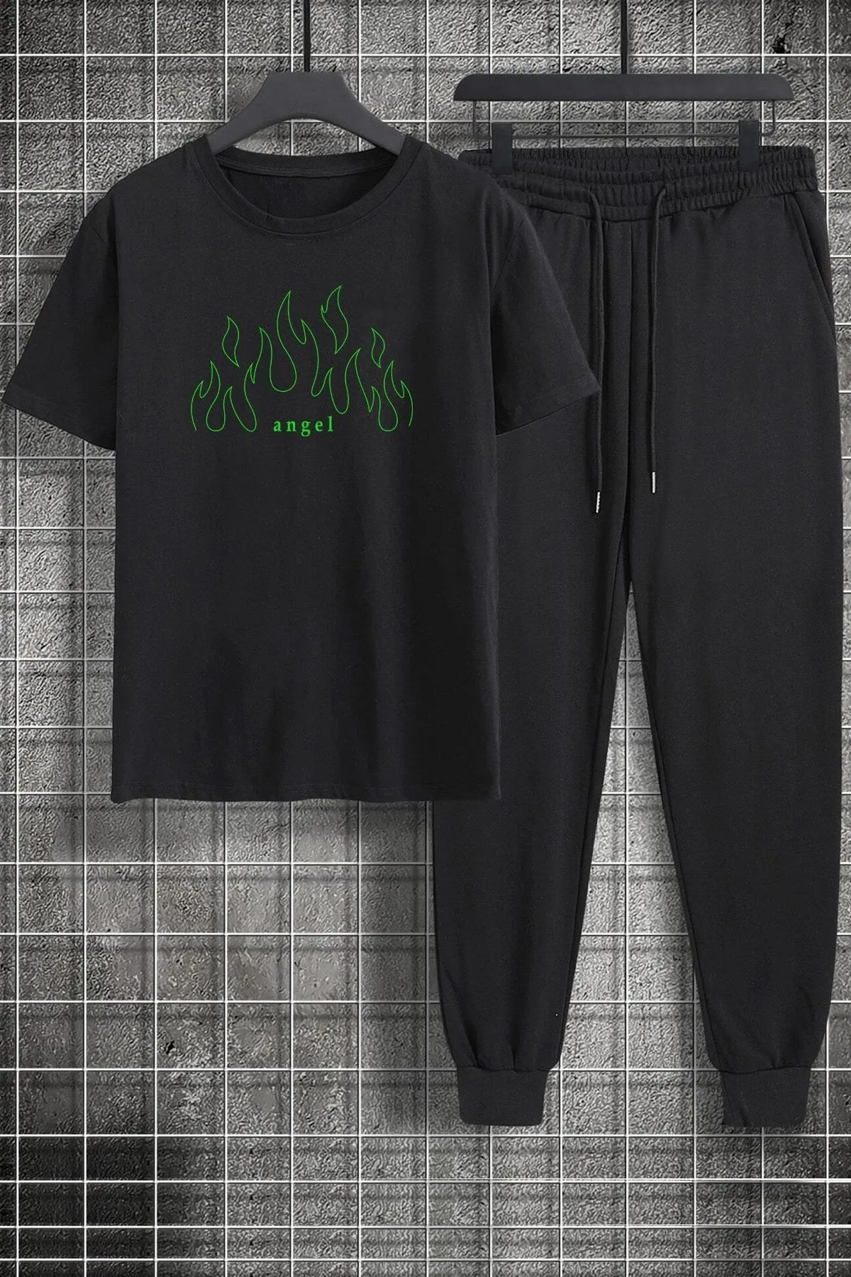 uyguntarz  Zweiteiliges Unisex-Trainingsanzug-Set mit grünem Engel-Aufdruck