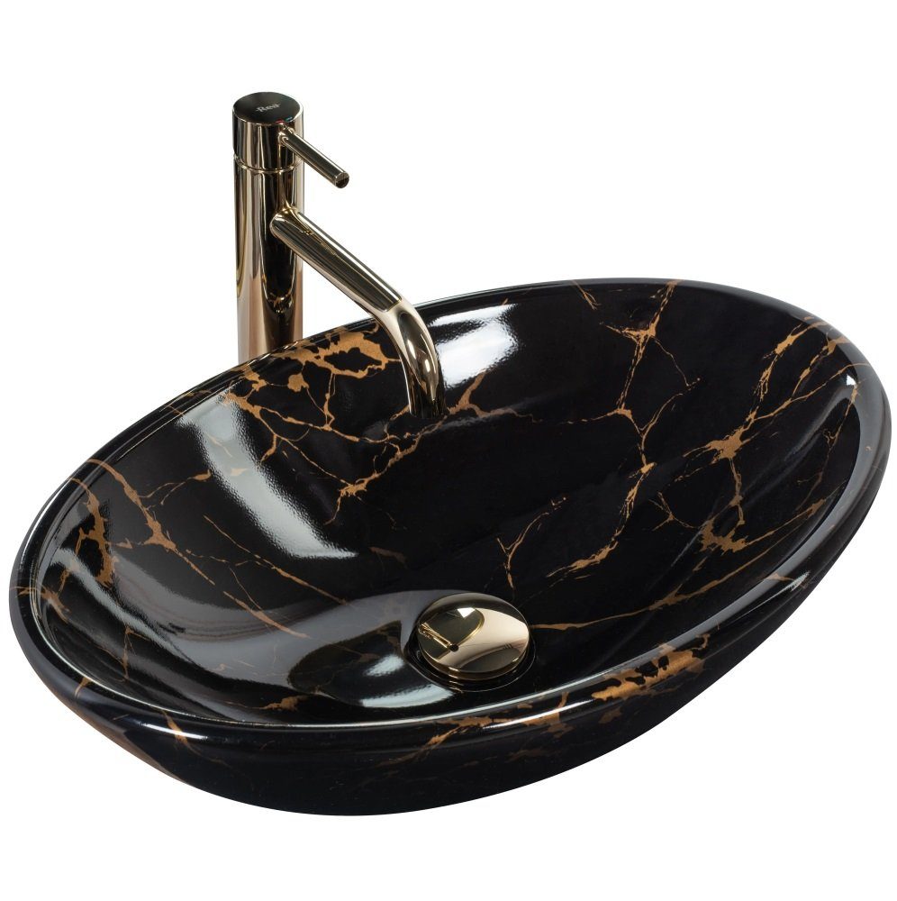Badezimmer Rea Aufsatzwaschbecken Waschbecken Pamela Black Marble Shiny Marmoroptik 53x33cm