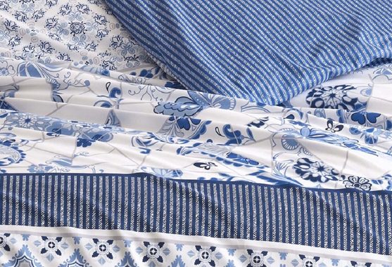 Bettwäsche Retro Paisley, One Home, Renforcé, 3 teilig, Baumwolle, Blumen und gestreift, Doppelbett