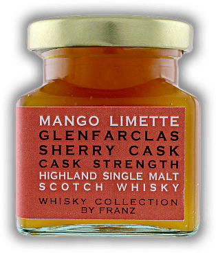 Mango-Limette mit Glenfarclas Single Malt Sherry Cask Mango-Limette mit Glenfarclas Single Malt Sherry Cask Handgemachter Fruchtaufstrich mit 5% Whiskyanteil. 150	 Gramm