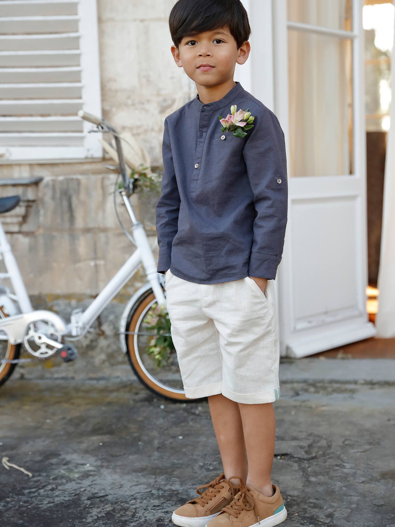 Chemise col Mao garçon en coton/lin manches longues vert