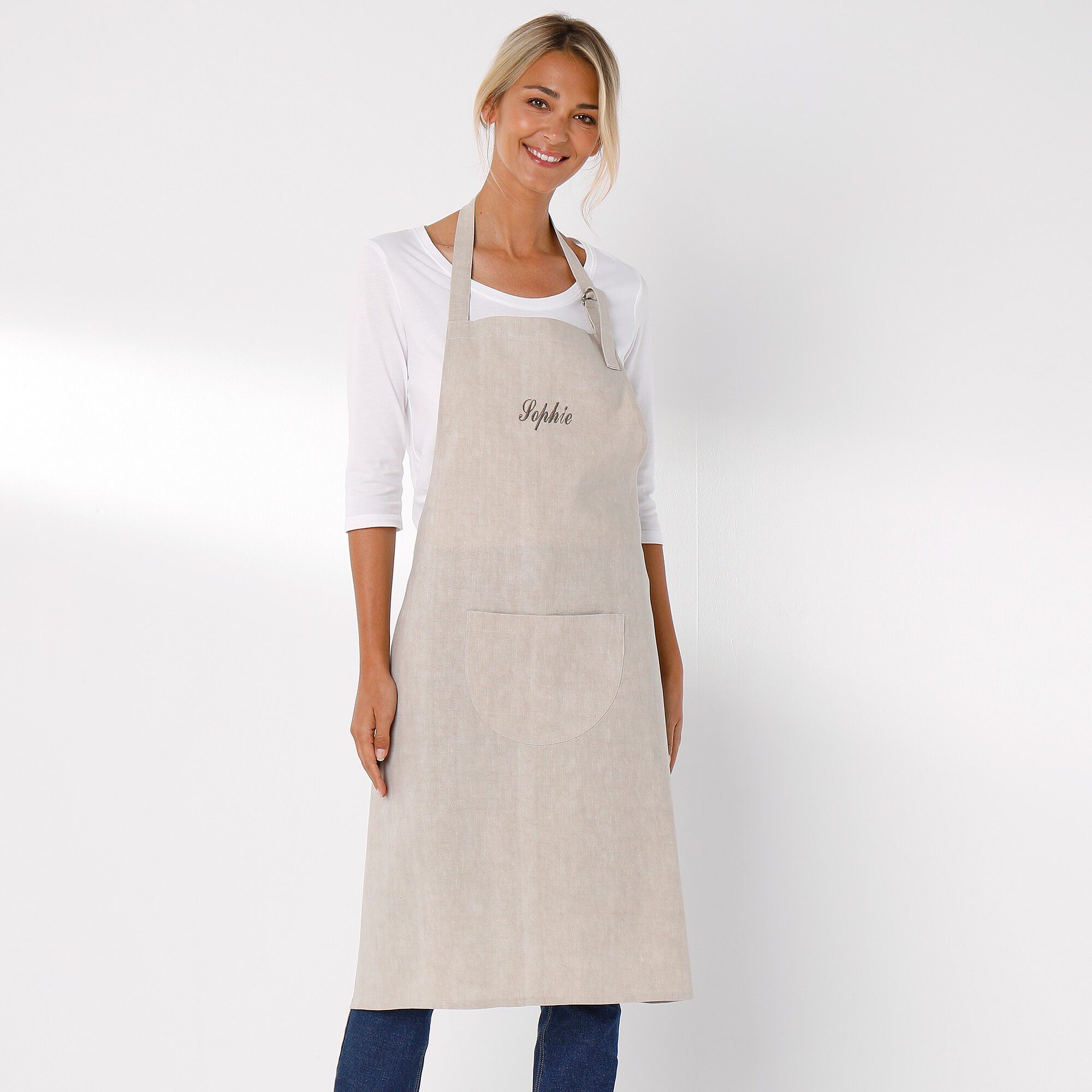 Tablier bavette coton et lin uni personnalisable