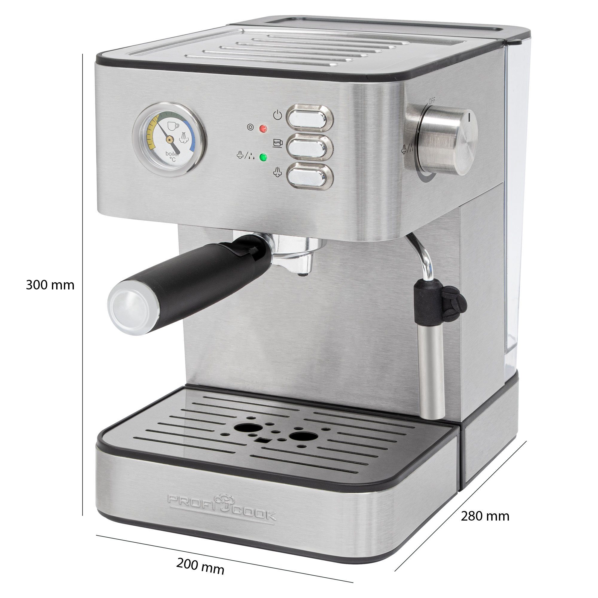 ProfiCook Espressomaschine PC-ES 1209, Alu-Druckguss-Siebträger, Profi-Espressopumpe, Aufschäumfunktion