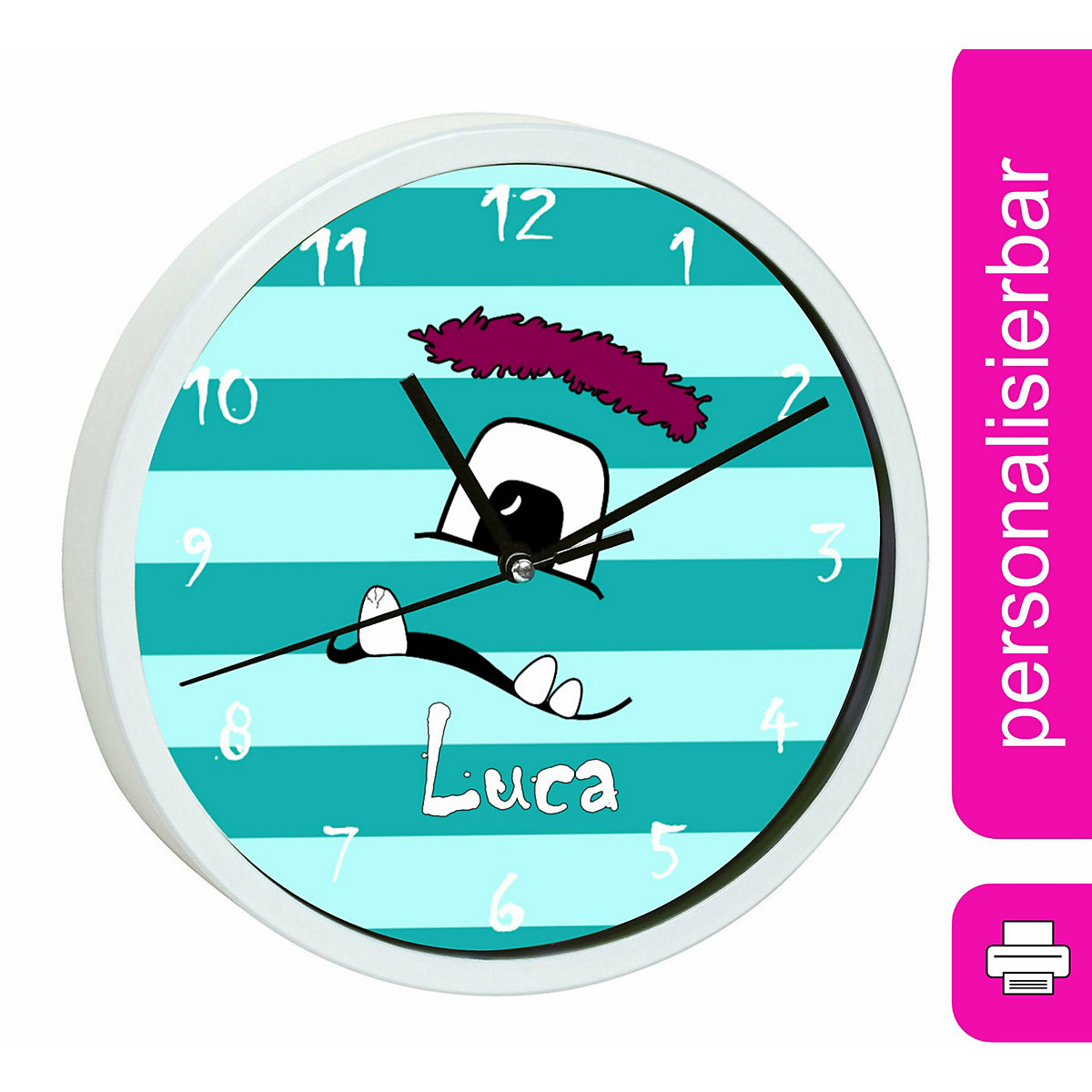 Kinder Wanduhr personalisiert mit Name Monster Streifen türkis