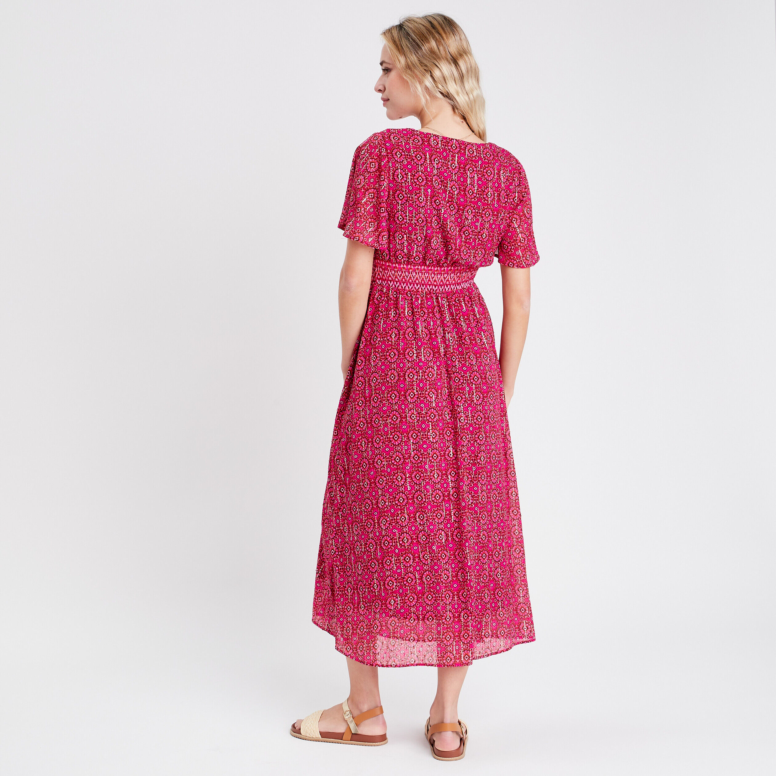 Robe évasée avec manches courtes rose femme | Cache Cache