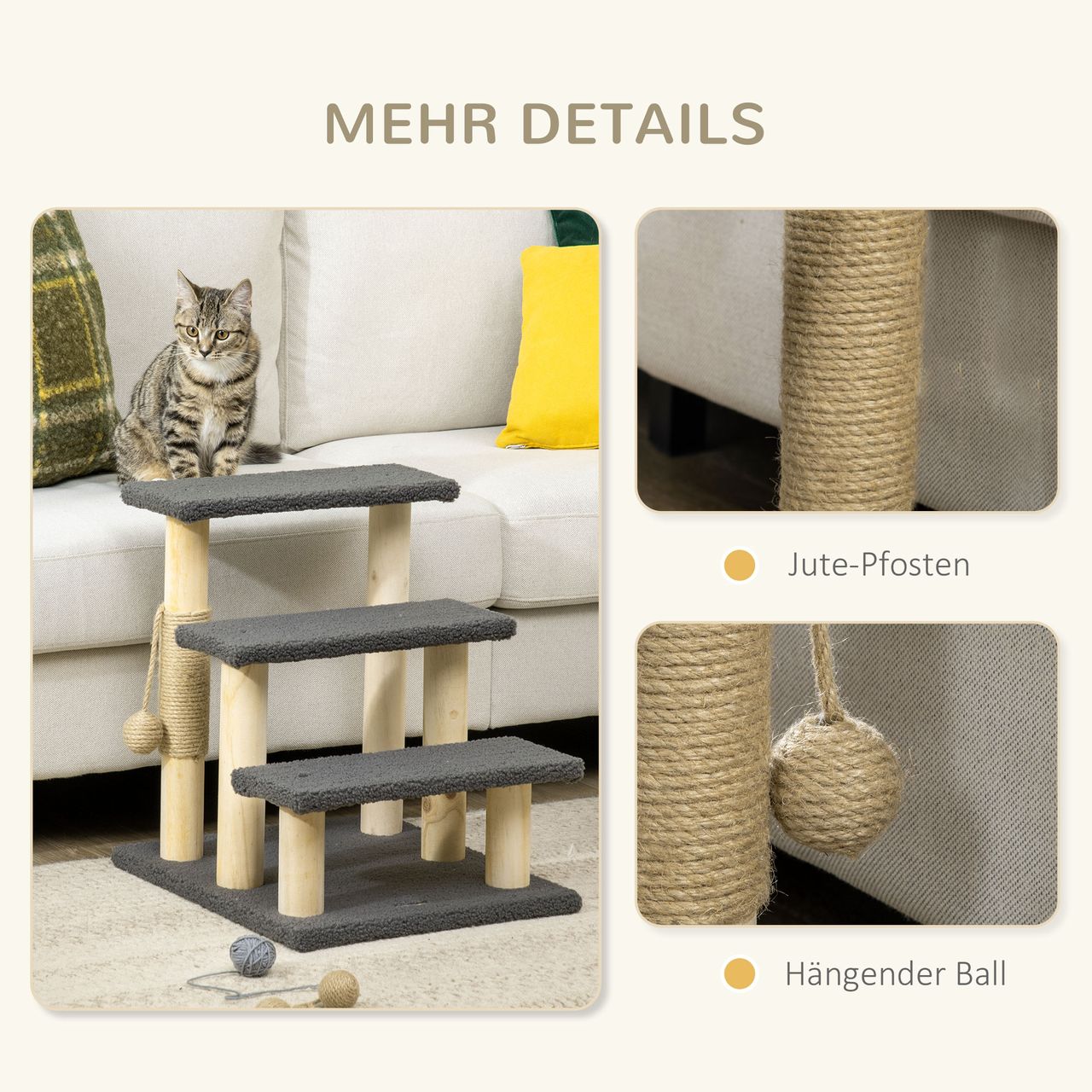 PawHut Kratzbaum, 48 cm, 3-stufige Katzenbaum, Kletterbaum mit Sisalsäule, Grau