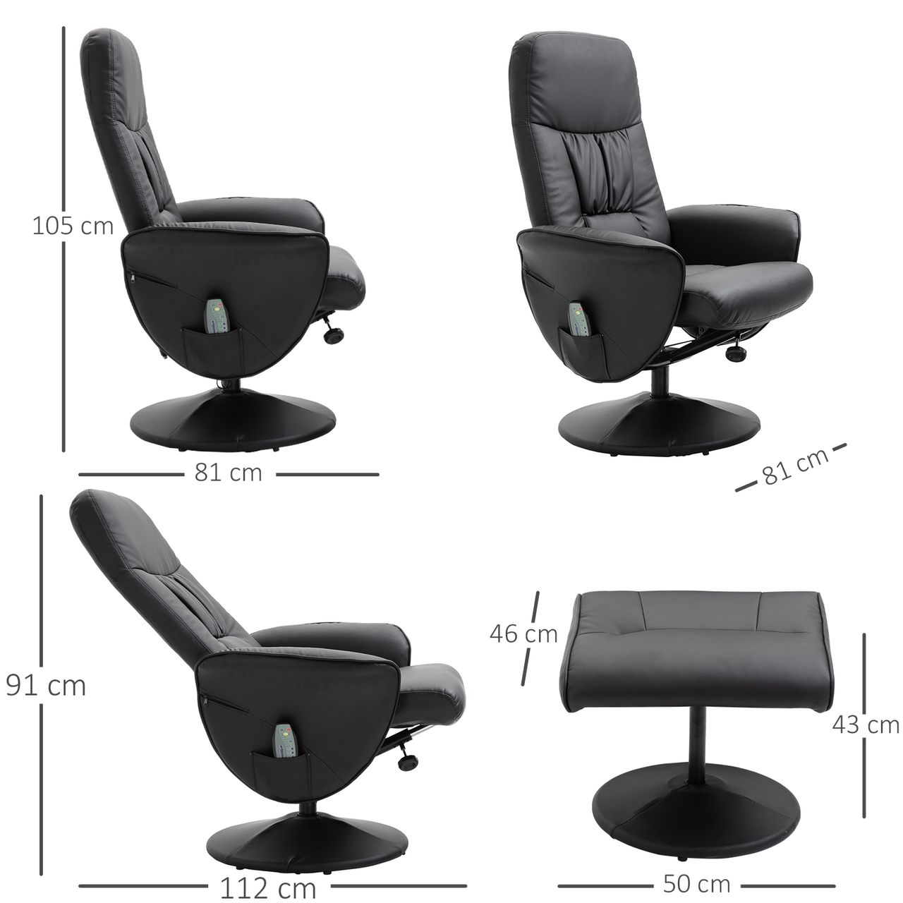 HOMCOM Massagesessel mit Fußhocker Massagesessel Relaxsessel TV-Sessel145°-Neigung Liegesessel Ergonomischer Stuhl mit 10 Vibrationpunkte Kunstleder Schwarz 76 x 81 x 105 cm