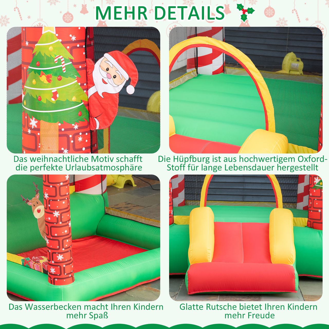 Outsunny Weihnachten Aufblasbare Hüpfburg Trampolin kleine Rutsche Ballgrube für 3 Kinder Springburg mit Gebläse für 3-8 Jahre Kindergarten Oxford-Gewebe Polyester Rot Grün 325 x 270 x 175 cm