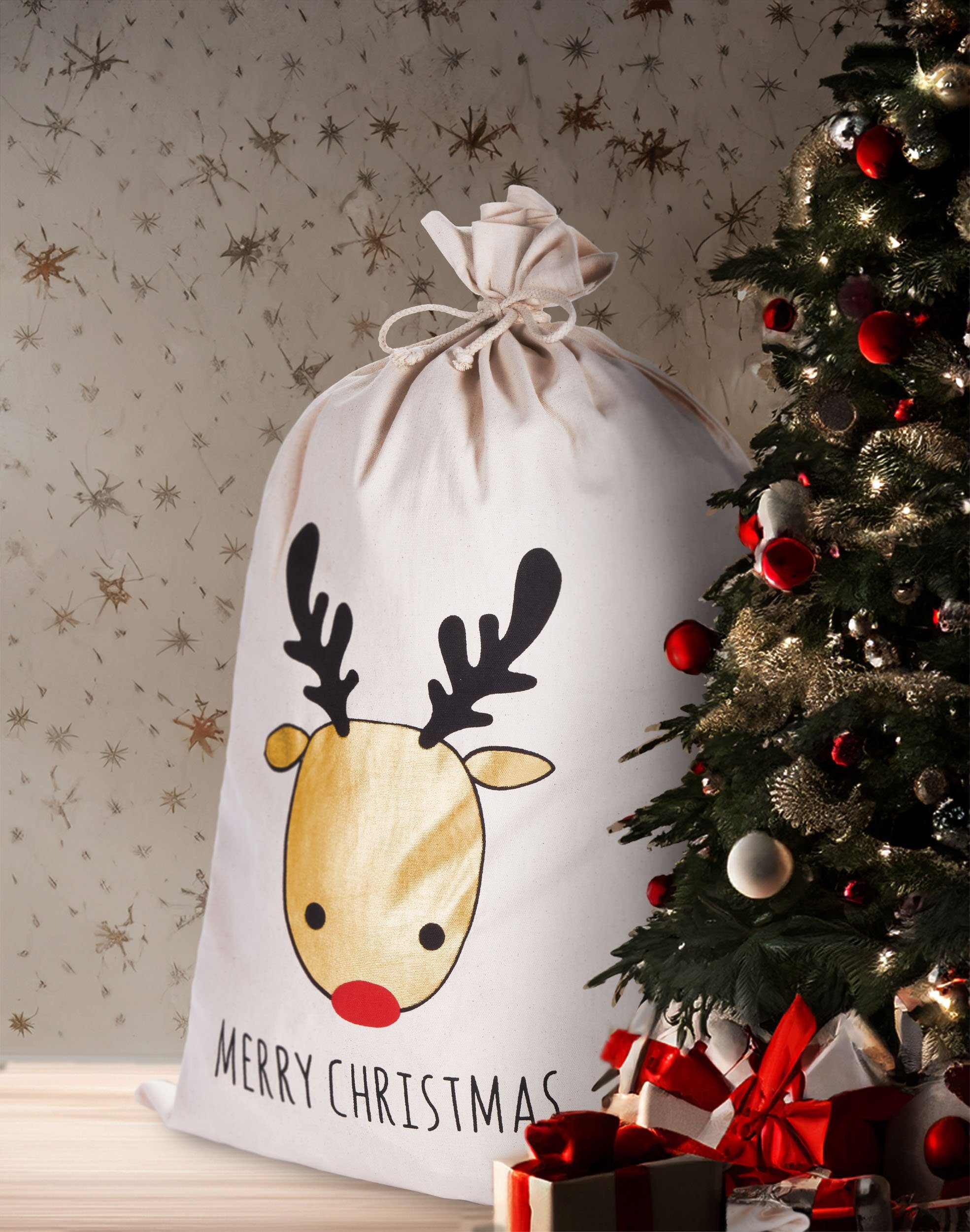BRUBAKER Aufbewahrungstasche Weihnachtssack Rentier Gold - Merry Christmas (Nikolaussack Rentierkopf, 1-tlg., Sack Baumwolle mit Kordel zum Verpacken von Geschenken), 80 cm Geschenksack Weihnachten