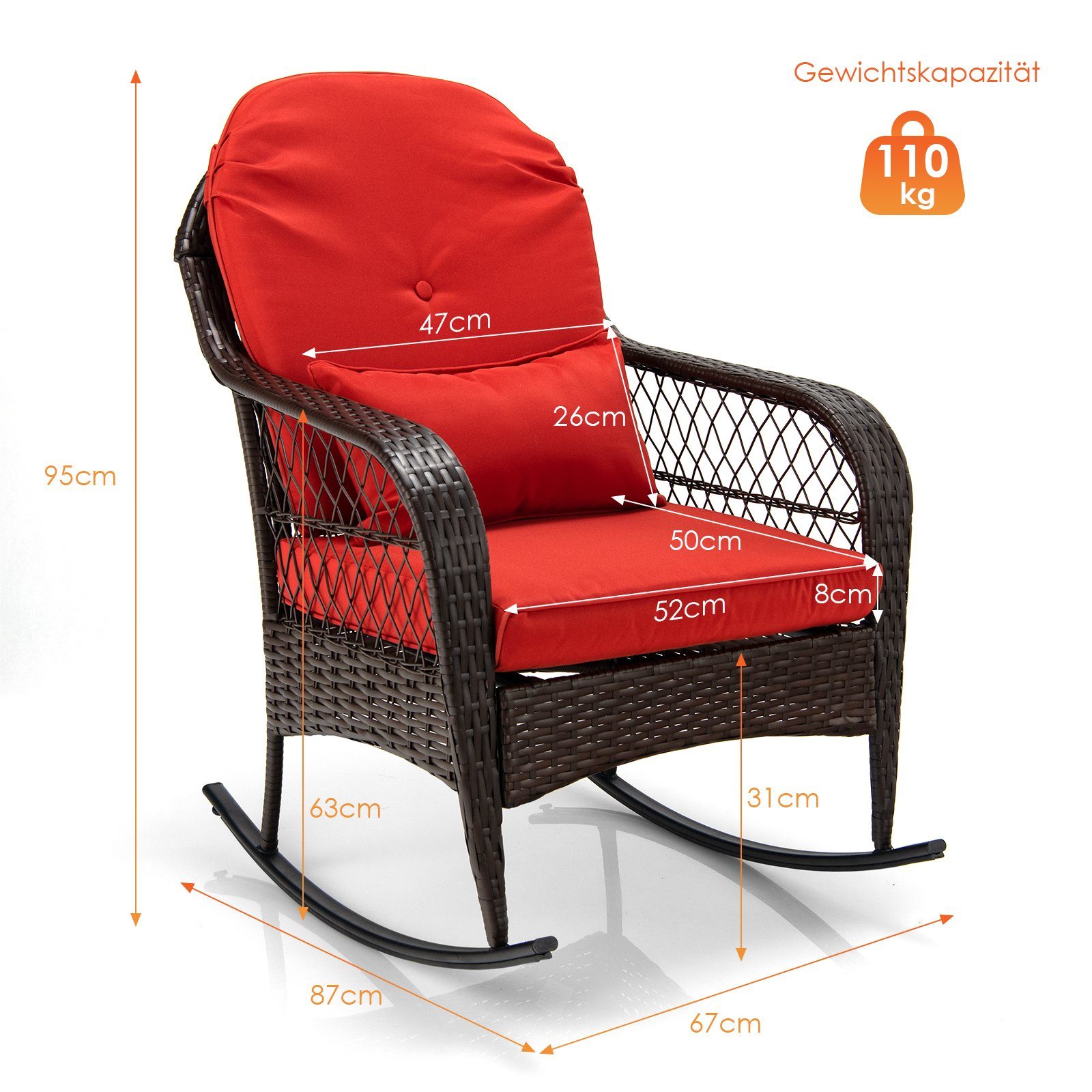 COSTWAY Schaukelstuhl, Rattan, mit Lehne und Kissen, 87x67x95cm