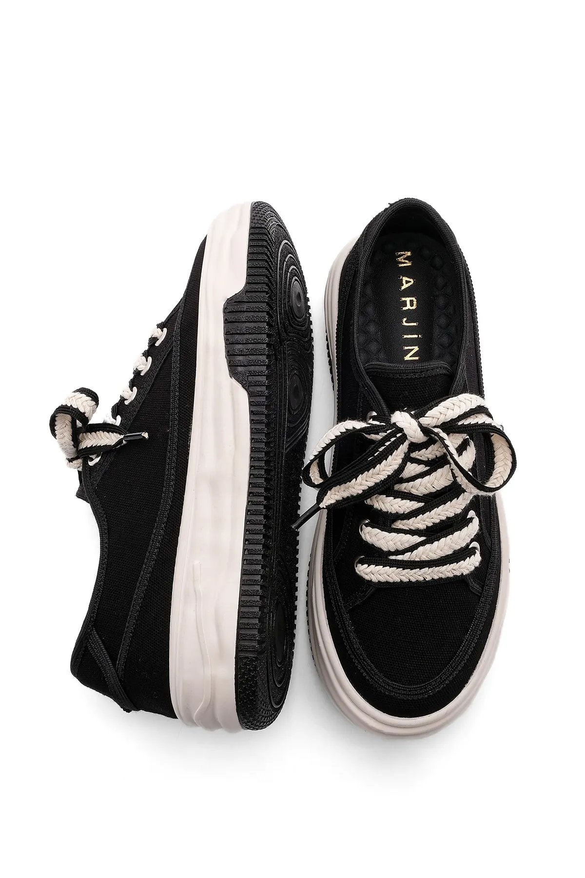 Marjin  Damen Sneaker Hohe Sohle Schnürschuh Stoff Sportschuhe Kotnel schwarz
