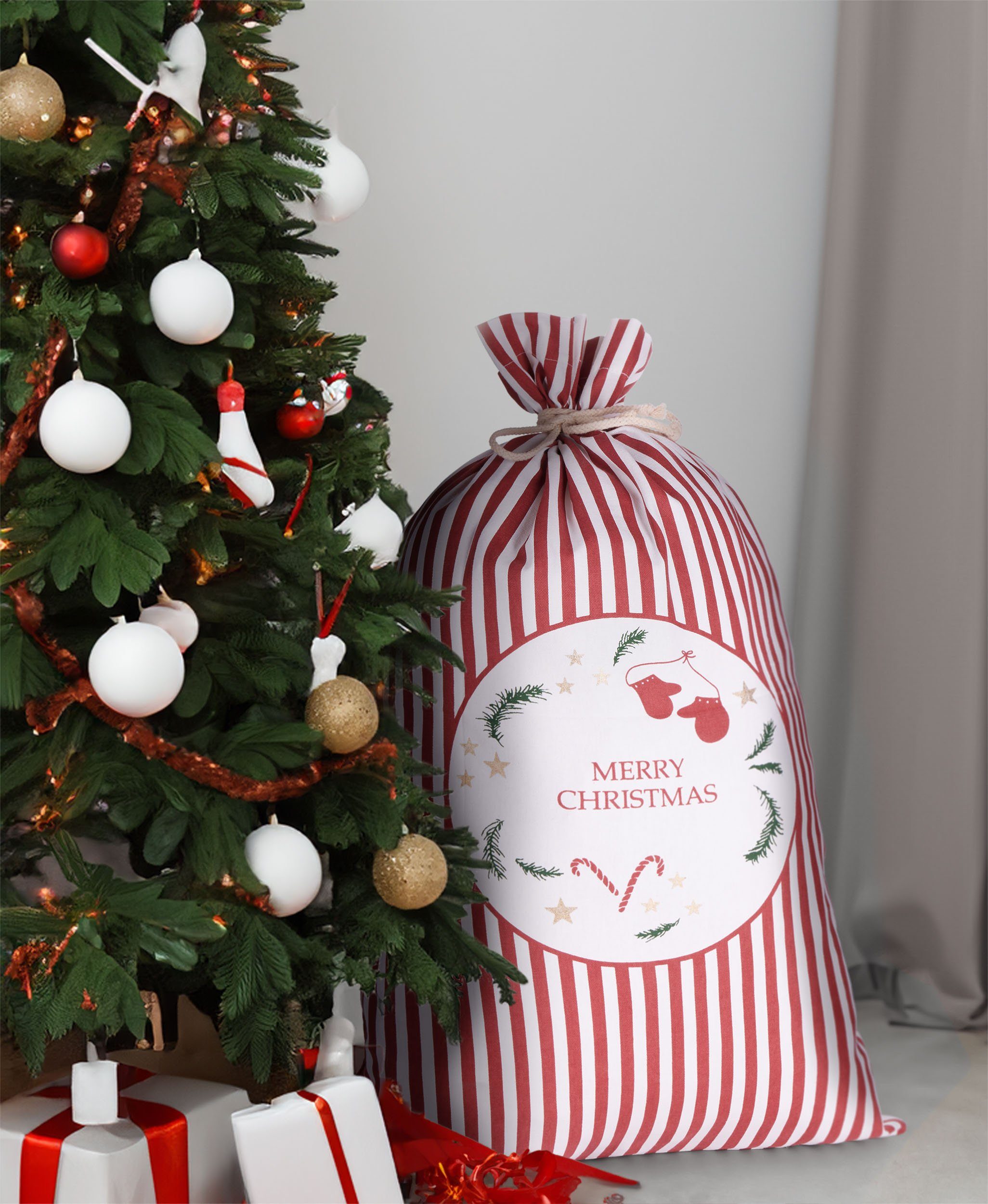 BRUBAKER Aufbewahrungstasche Weihnachtssack Merry Christmas Rot Weiß - 80 cm Geschenksack (1-tlg., Tanne, Sterne, Zuckerstange und Handschuhe), Nikolaussack Sack Baumwolle mit Kordel für Geschenke