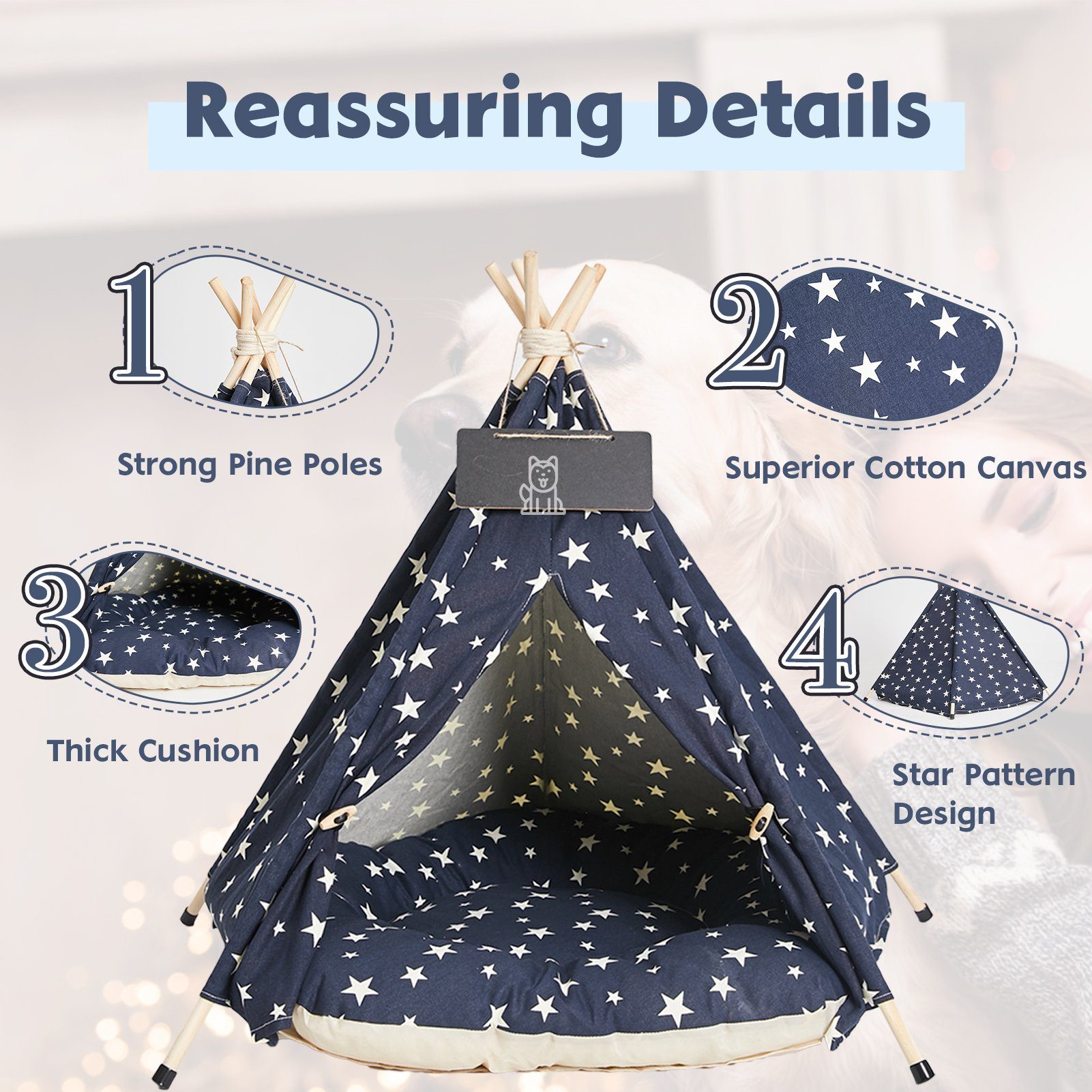 Ealing Tipi-Zelt Pet Zelt für Haustiere, (mit Zeltunterlage), Haustierzelt Katzen Hundezelt Hunde Katzenbett mit Kissen