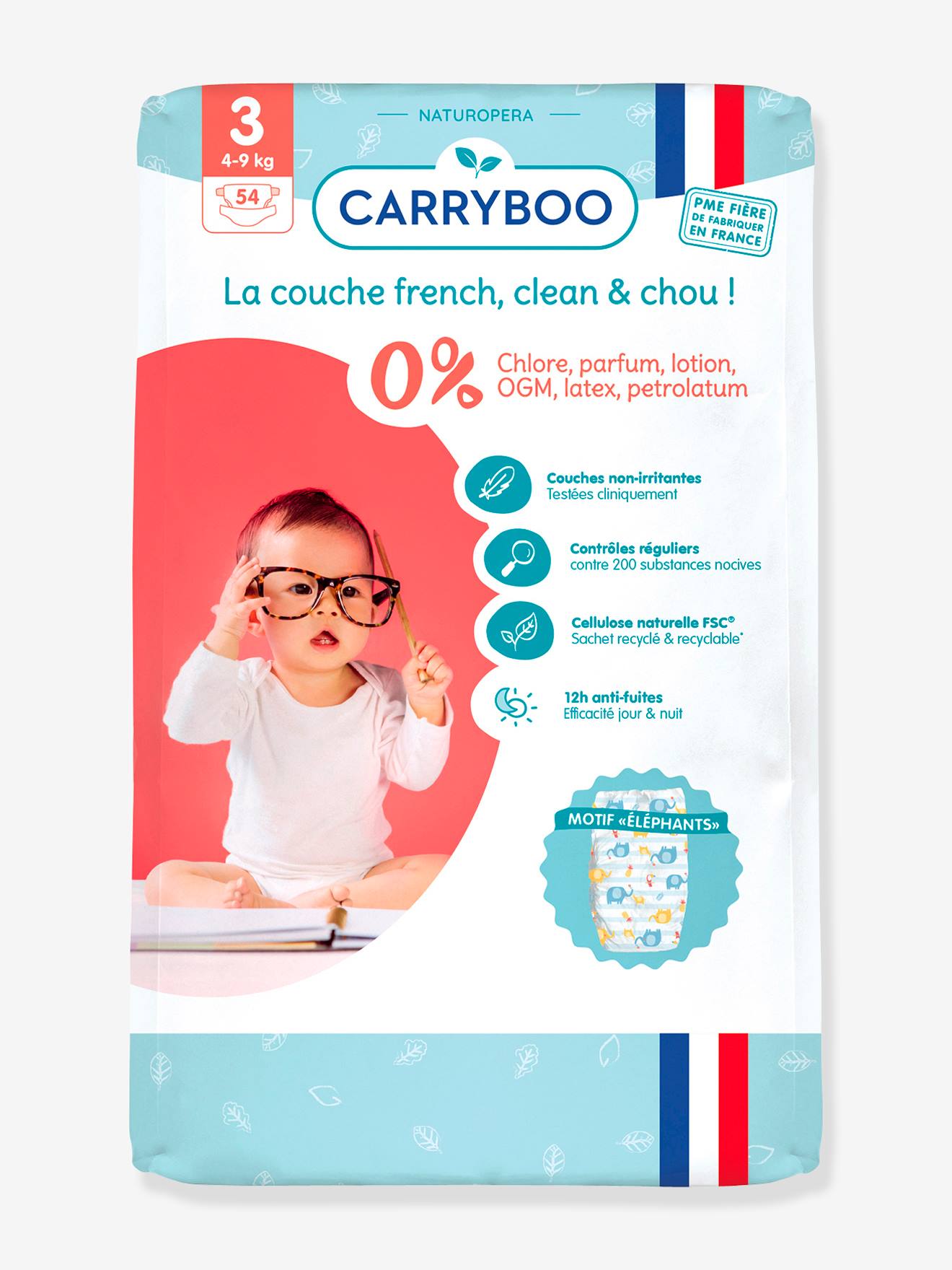 54 couches dermo-sensitives T3 (4-9 kg) CARRYBOO blanc