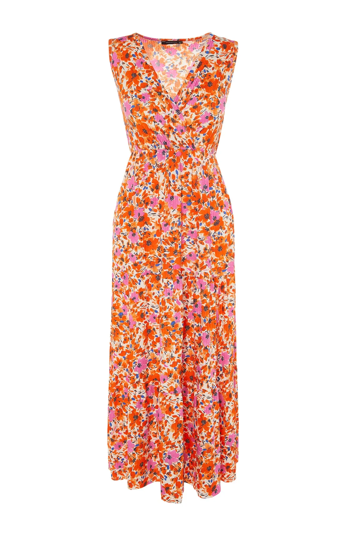 Trendyol Collection  Orangefarbenes, blumengemustertes, ärmelloses Maxi-Strickkleid in A-Linie mit V-Ausschnitt TWOSS22EL1588