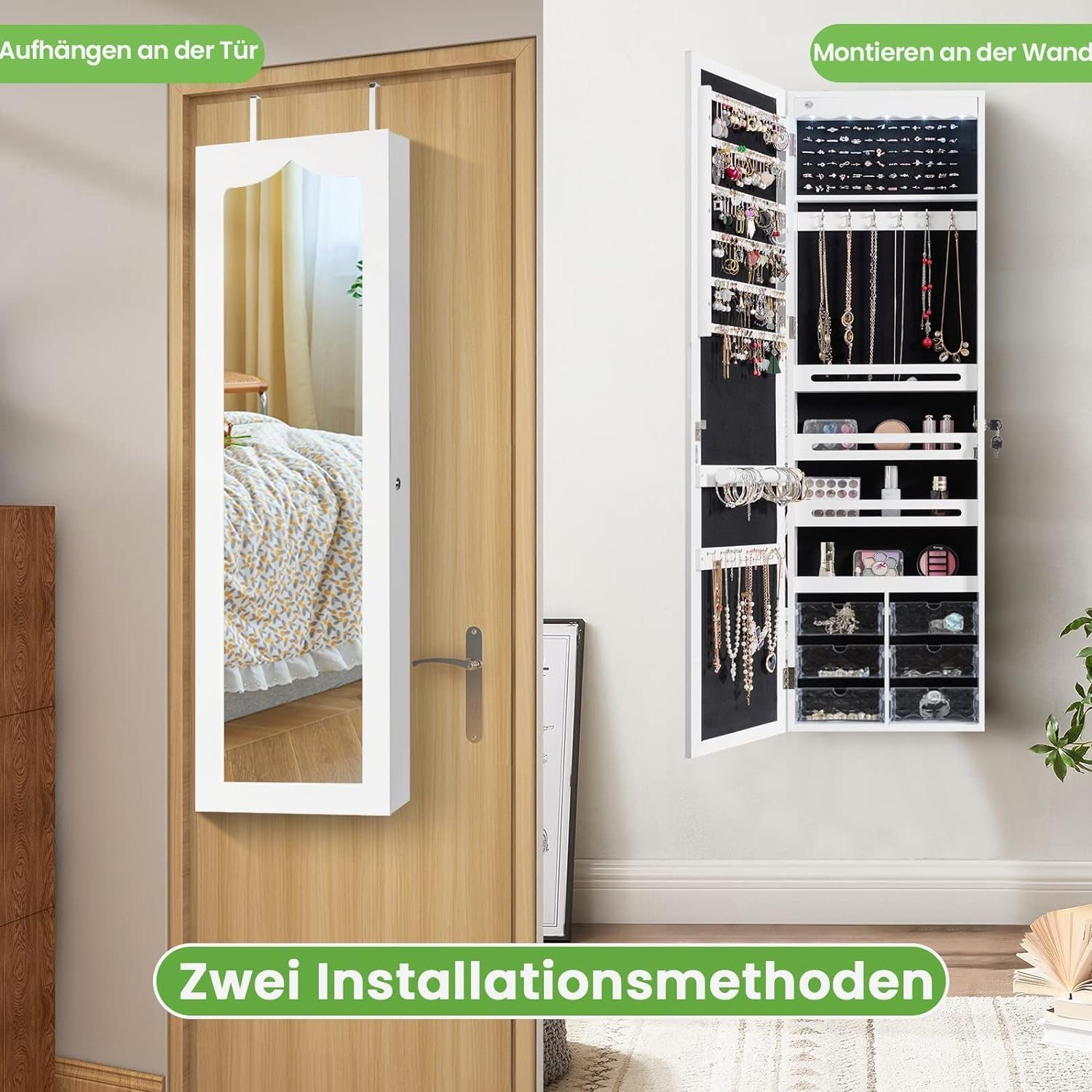 KOMFOTTEU Schmuckschrank mit Spiegel mit 5 LED-Lichtern