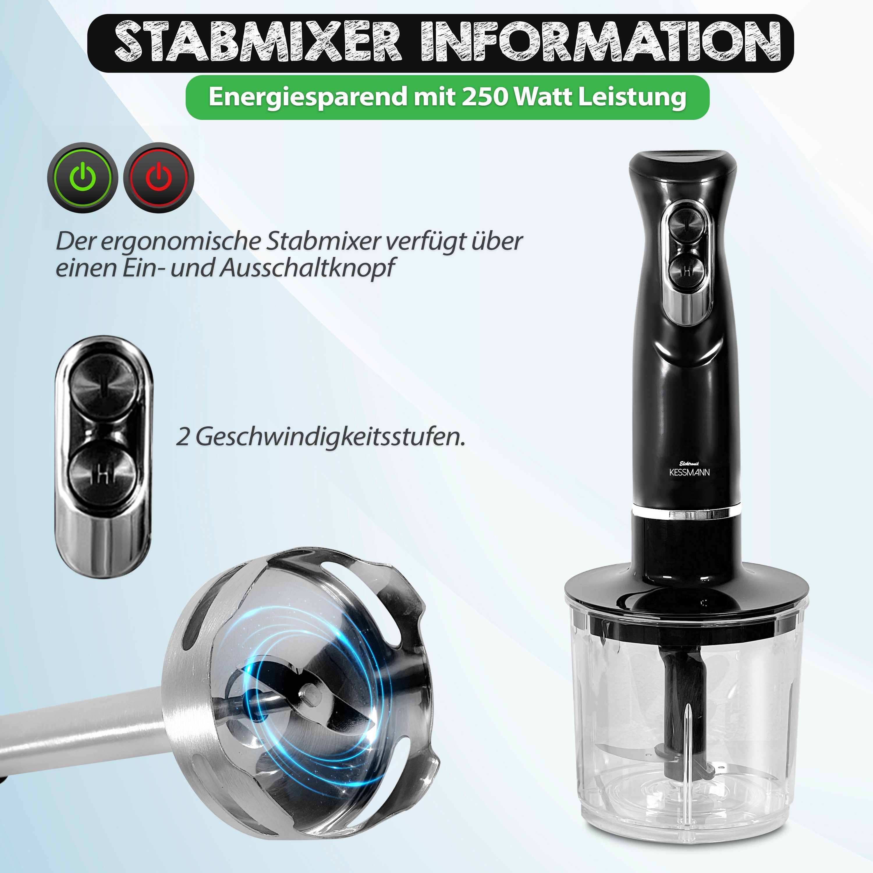 KESSMANN Schäfer Stabmixer Set mit Pürierbecher Zerkleinerer & Schneebeesen 5Tlg Edelstahl Mixer, 600,00 W, Elektrischer Smoothie Maker Handmixer Rührstab Milchshake Blender