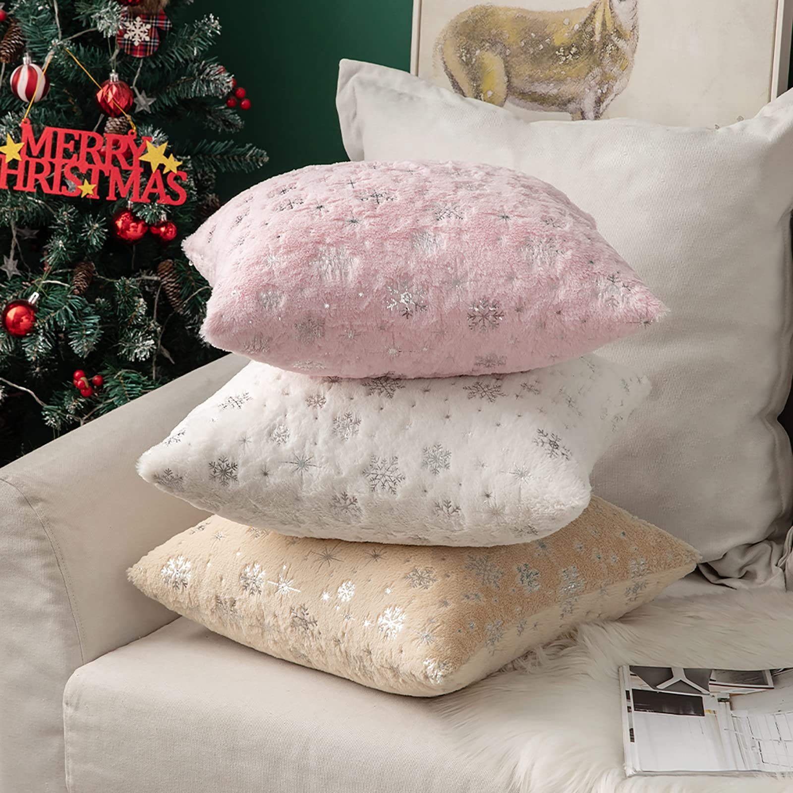 Kissenbezug, HOMEIDEAS (2 Stück), Weihnachtstag, Silberne Schneeflocke Kissenbezüge, Plüsch, 45 x 45 cm