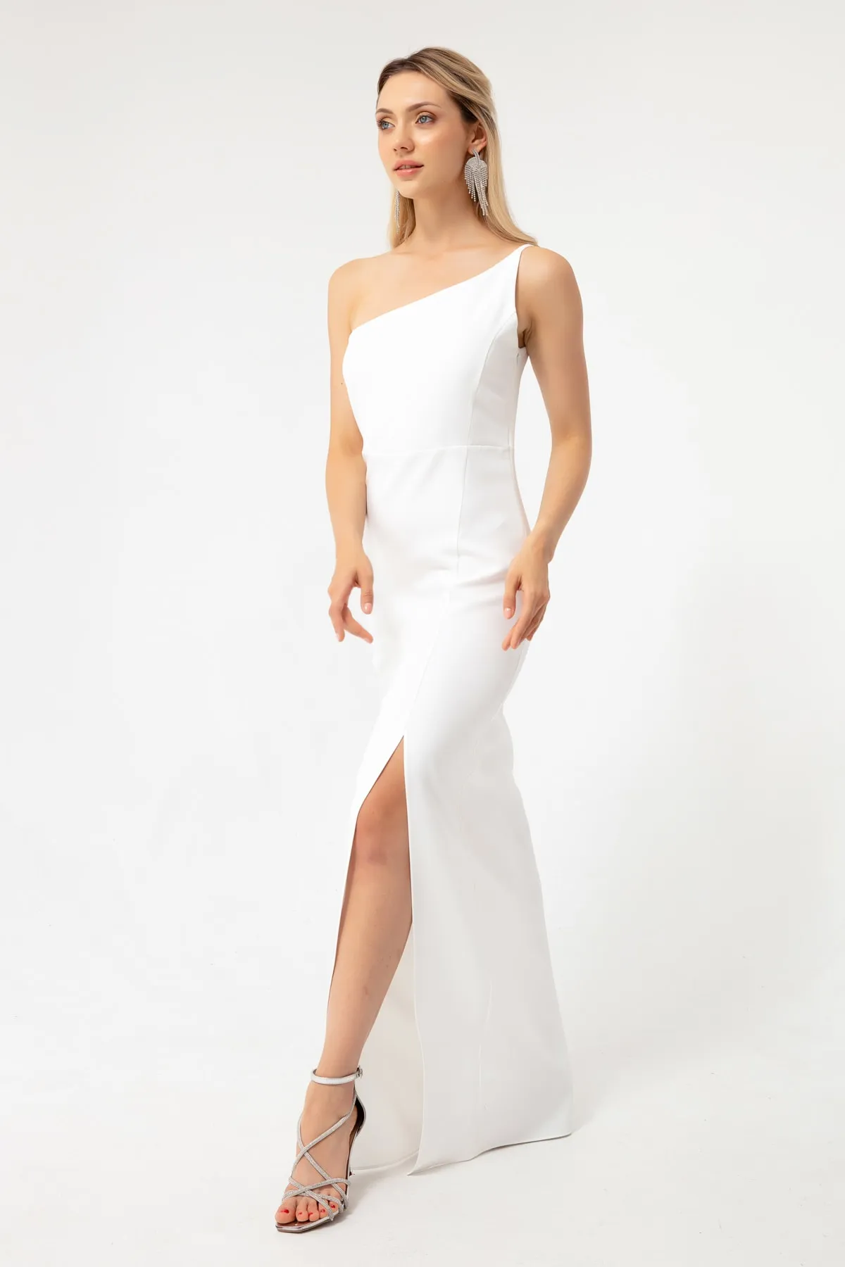 Lafaba  Weißes One-Shoulder-Midikleid mit Schlitz für Damen
