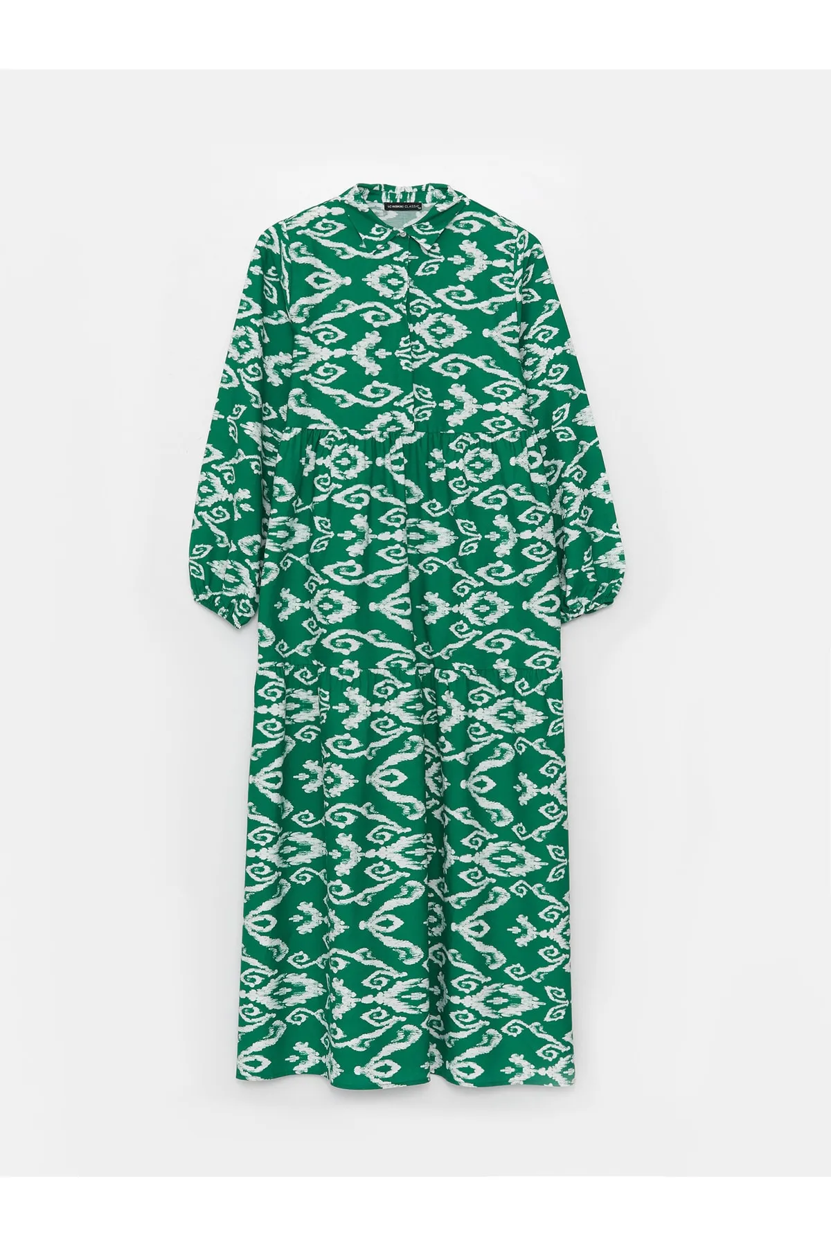 LC Waikiki  Gemustertes Popeline-Damenkleid mit Hemdkragen und langen Ärmeln