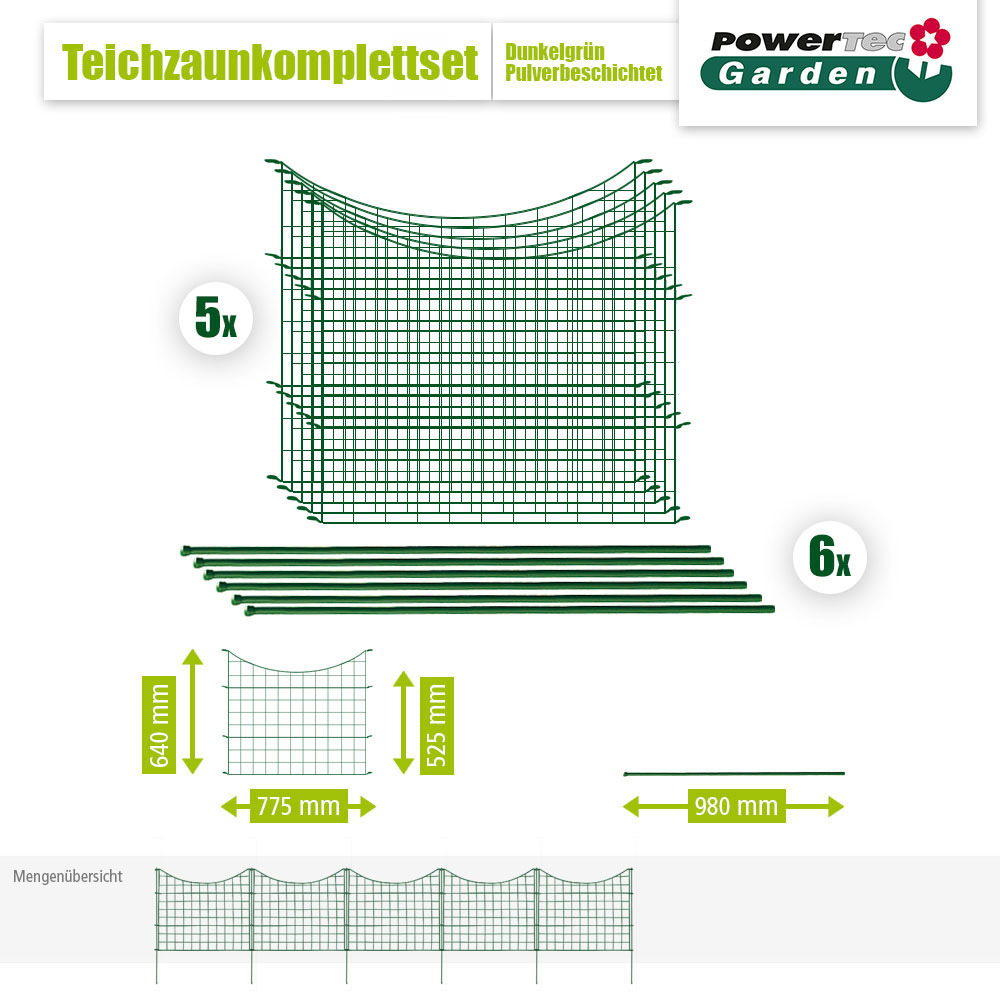 Powertec Garden Teichzaun Unterbogen 11-teiliger Dunkelgrün