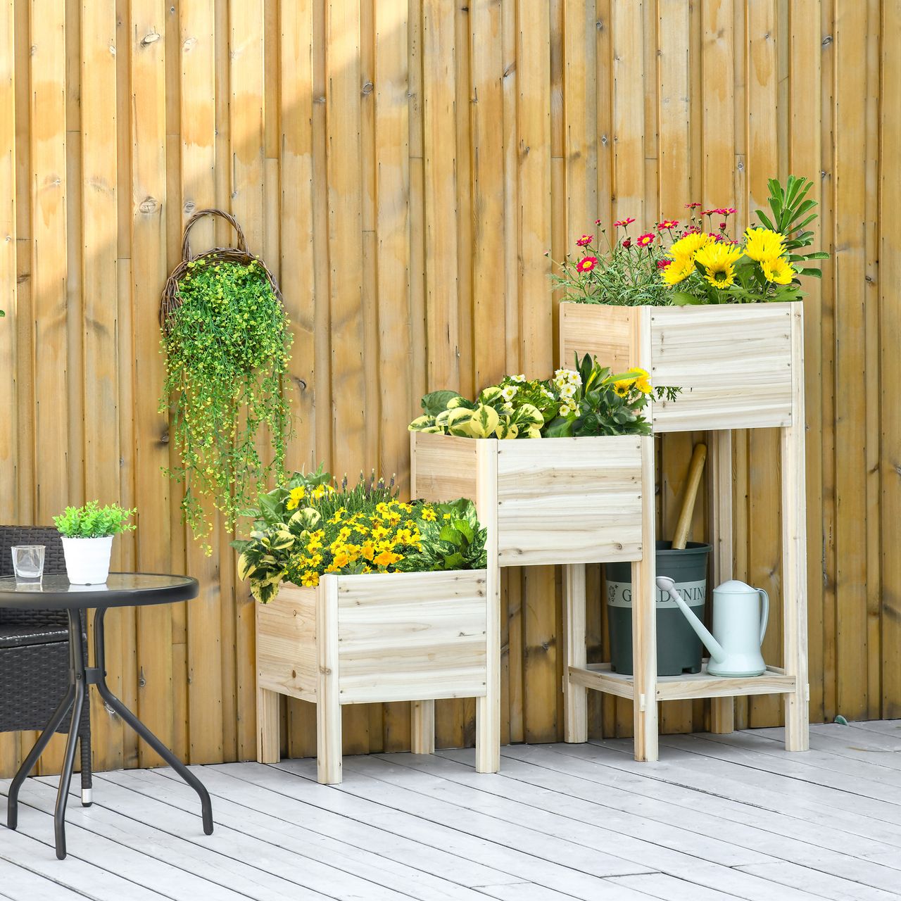 Outsunny Hochbeet 3 Etagen Pflanzkübel Pflanzkasten aus Holz für Garten Balkon
