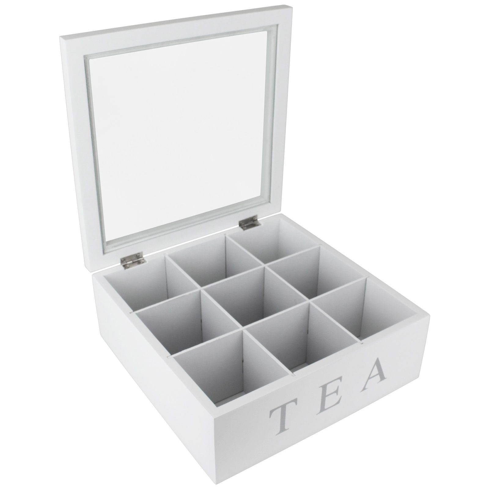 Koopman Teebox Teebeutelbox 9 Fächer Weiß Teekiste Teedose Teekasten Tee-Box Holz Box, Tee Aufbewahrung Teebeutel Kiste Aufbewahrungsbox Teebeutelkiste