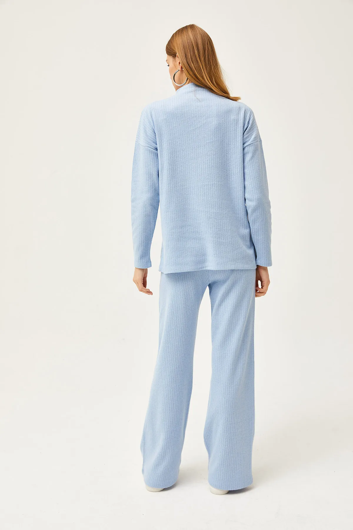 Olalook  Babyblauer Damenanzug mit Taschen, Hose, Oberteil, Stehkragen, Bluse, Stehkragen, TKM-19000254