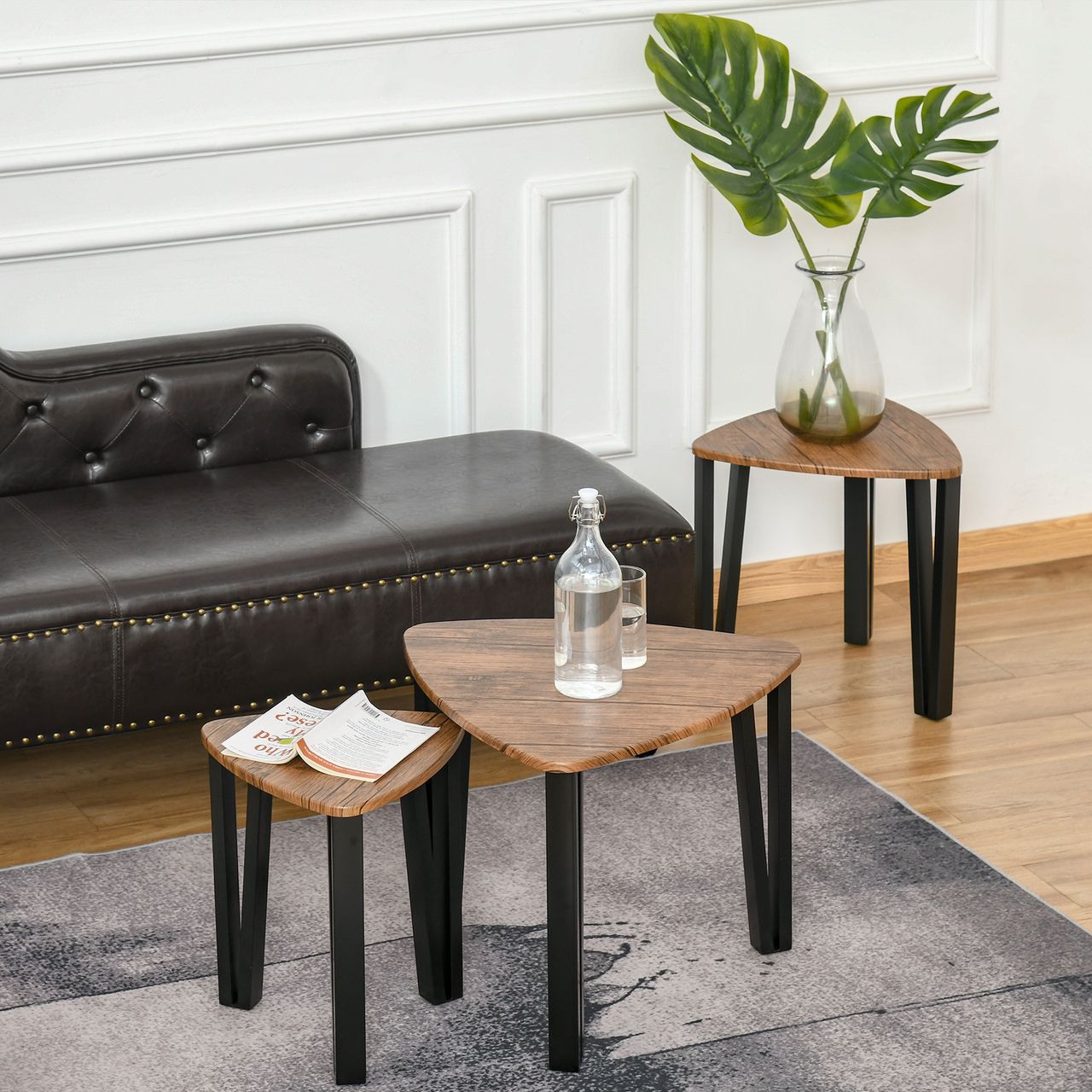 HOMCOM 3er Set Couchtisch, Stapeltisch, Beistelltisch, Kaffeetisch, Satztisch, MDF, Natur Schwarz, 56 x 54,2 x 45,5 cm/42 x 43,8 x 43 cm/36 x 34 x 41 cm